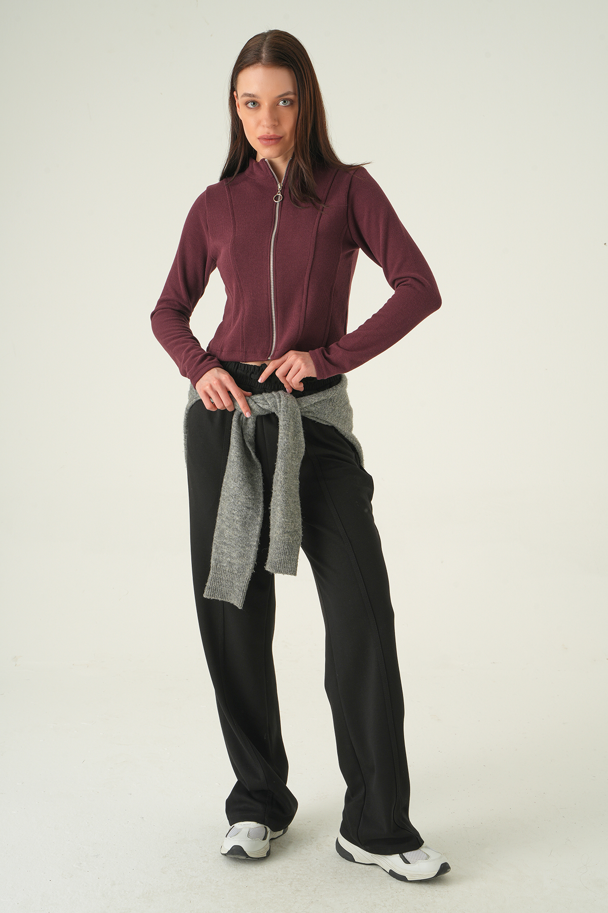 Ön Fermuarlı Kısa Hırka Mürdüm 3080A - 3