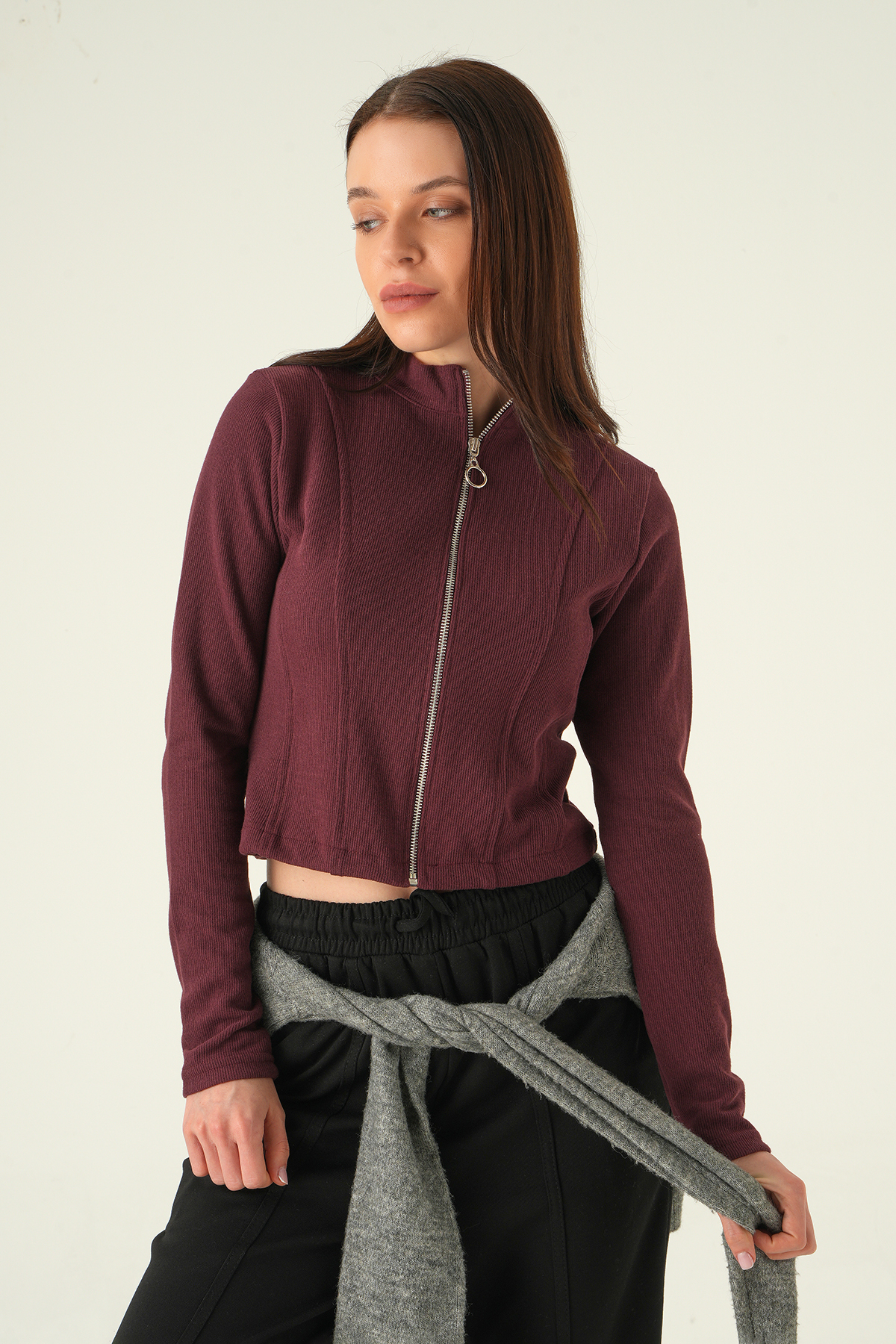 Ön Fermuarlı Kısa Hırka Mürdüm 3080A - 1