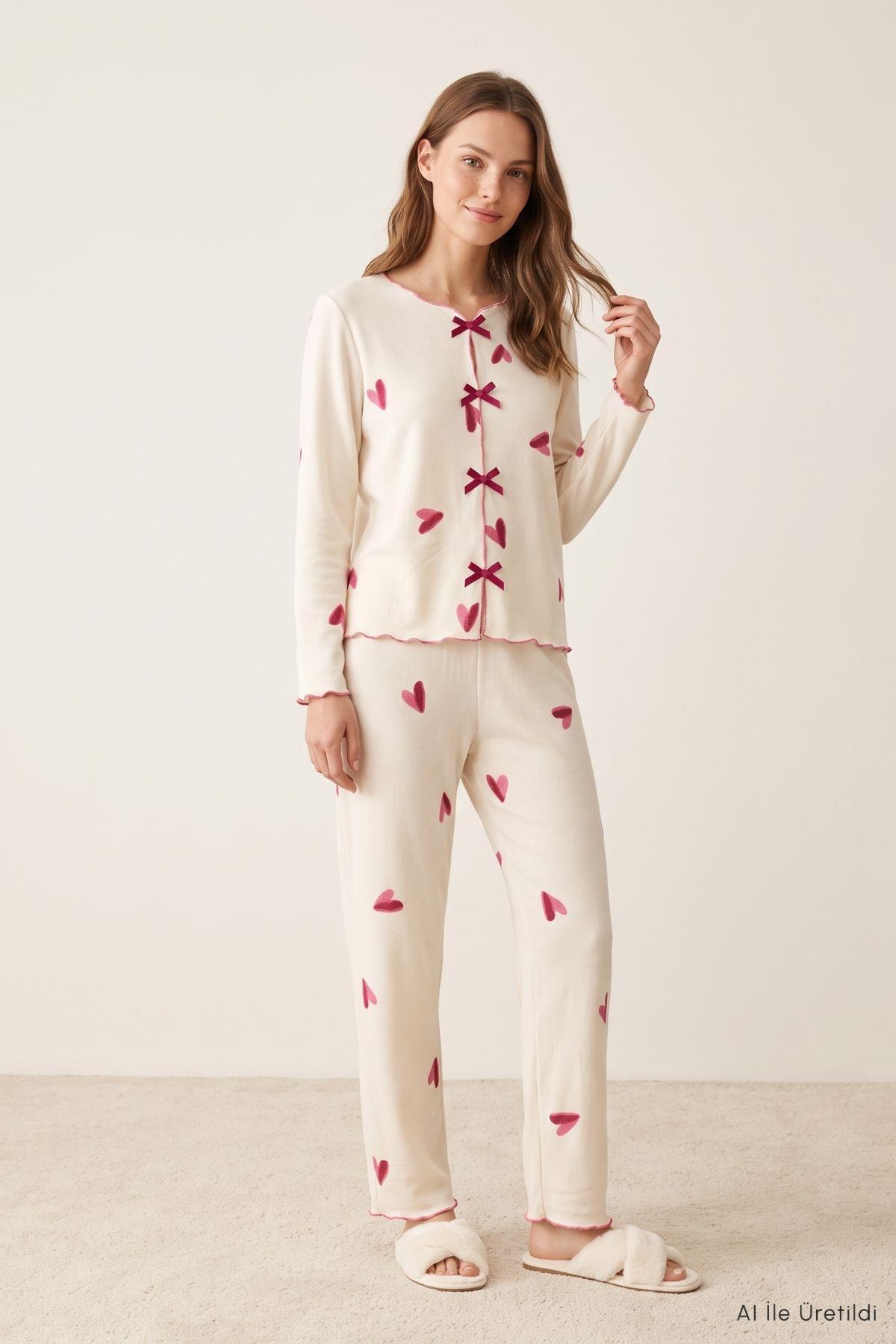Ön Fiyonklu Kalp Desen Pijama Takımı 0104 Bej - Rays