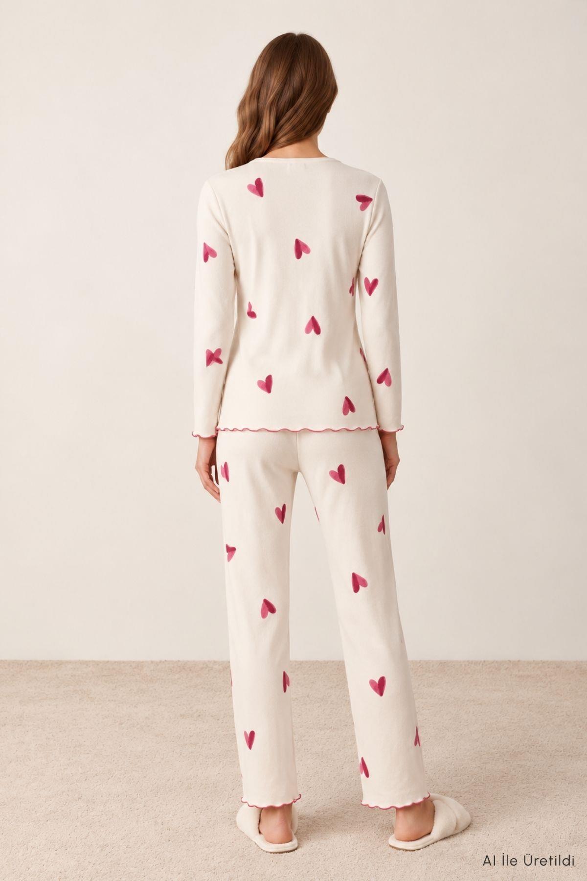 Ön Fiyonklu Kalp Desen Pijama Takımı 0104 Bej - Rays