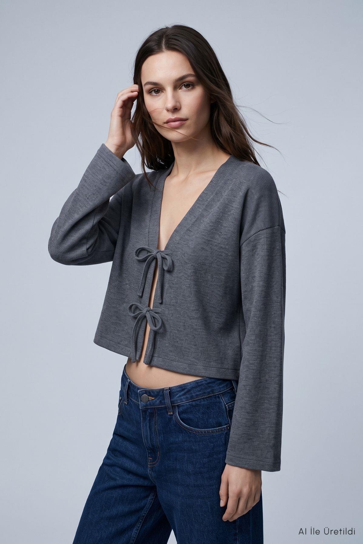 Önden Bağlamalı Geniş Kollu Kimono 3071A Füme - 2