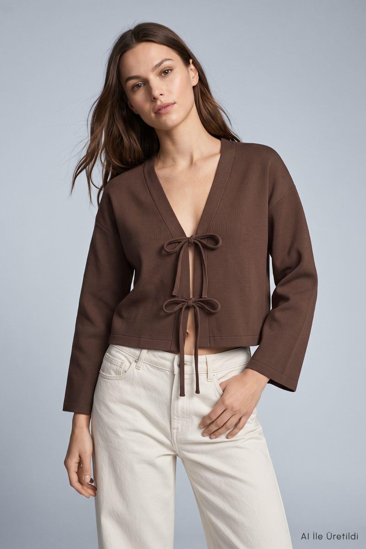 Önden Bağlamalı Geniş Kollu Kimono 3071A Kahve - 1