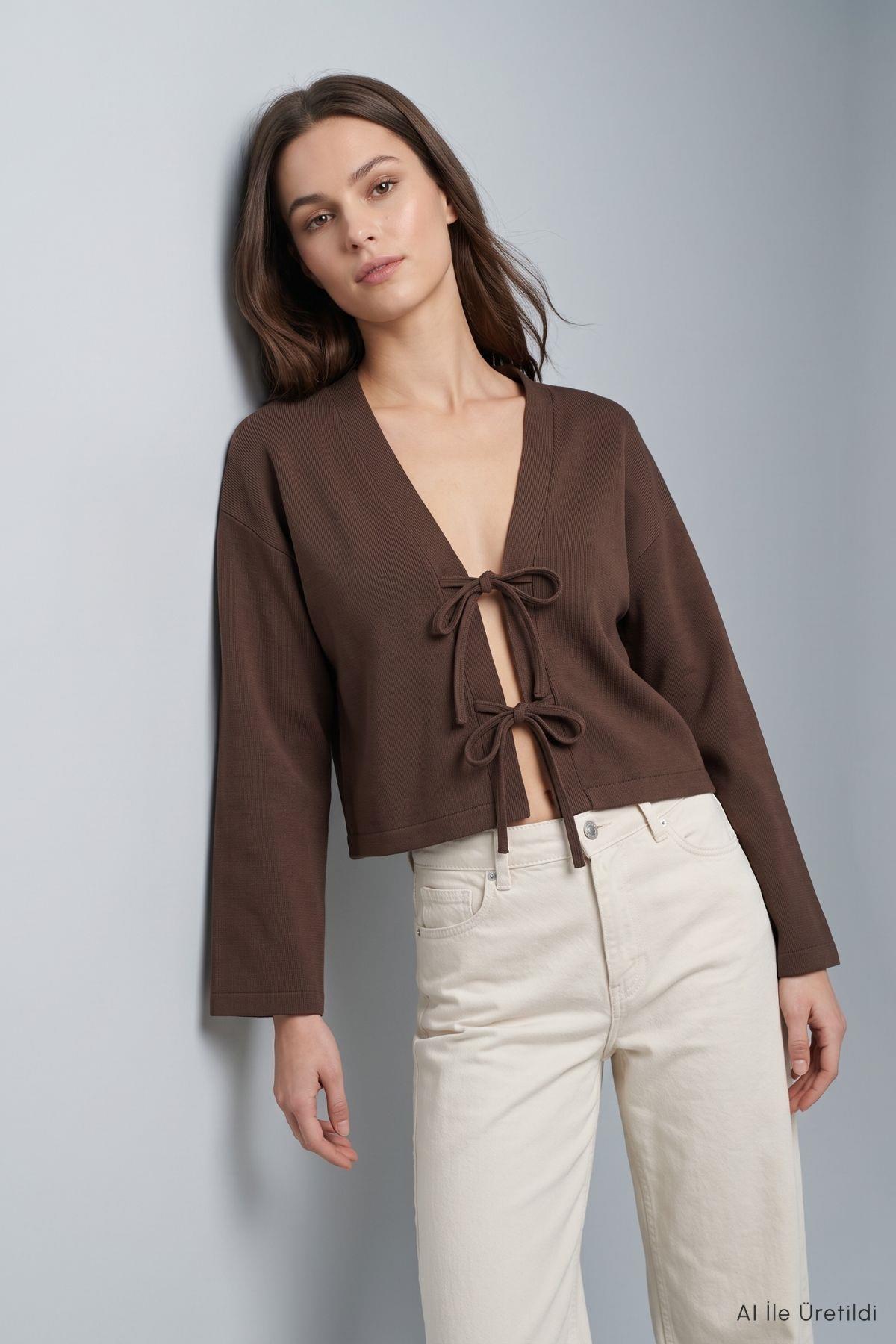 Önden Bağlamalı Geniş Kollu Kimono 3071A Kahve - 2