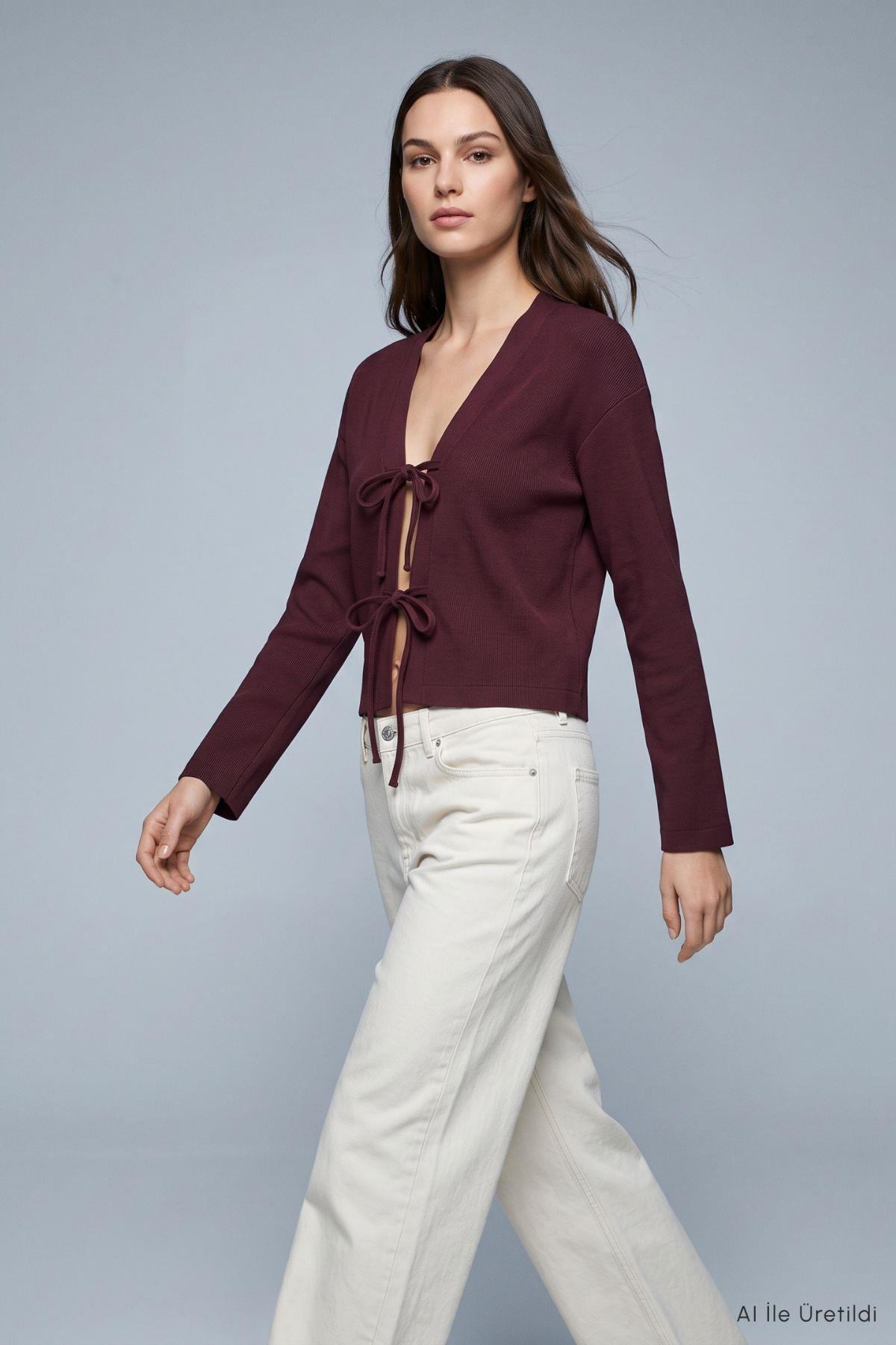 Önden Bağlamalı Geniş Kollu Kimono 3071A Mürdüm - 1