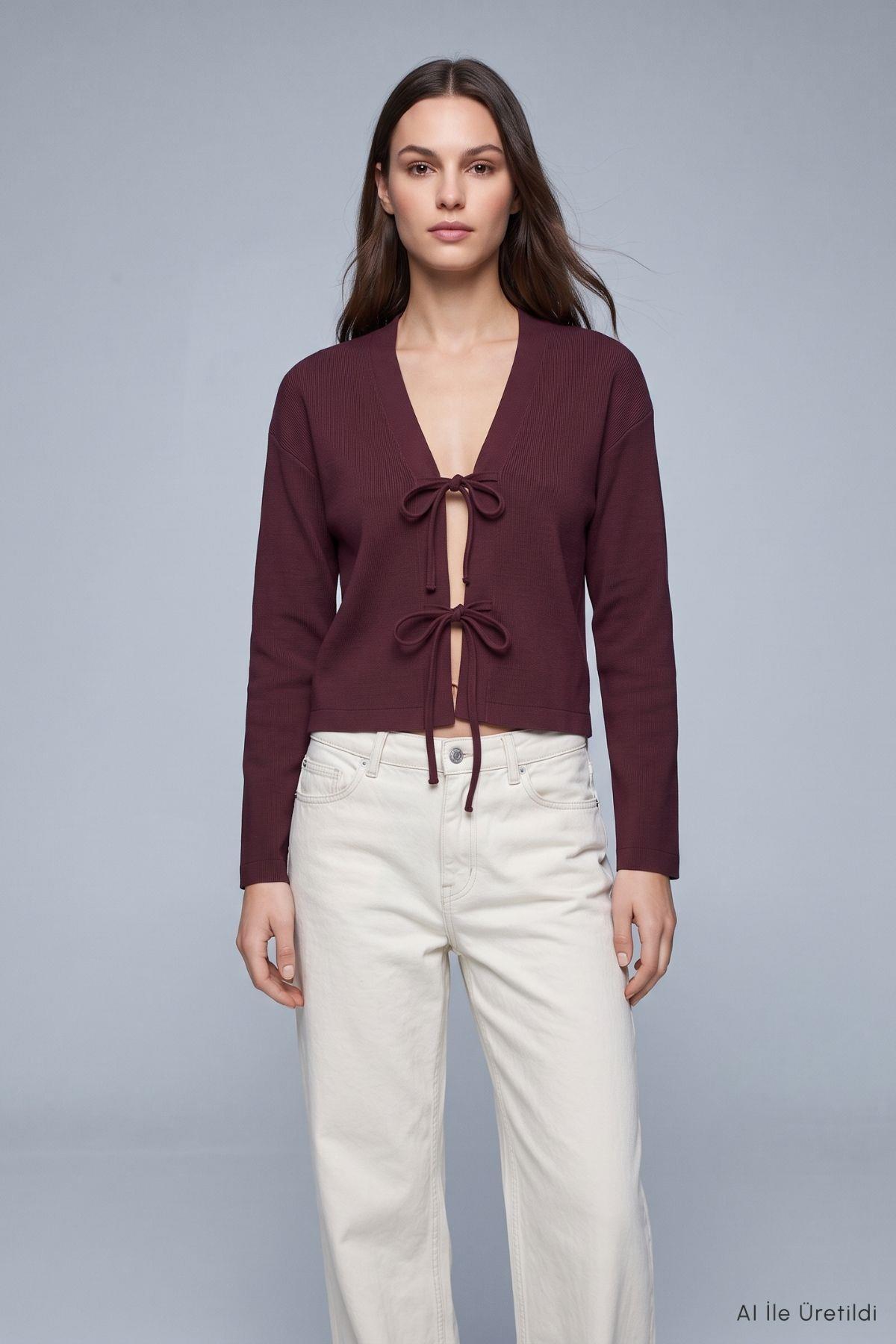 Önden Bağlamalı Geniş Kollu Kimono 3071A Mürdüm - Rays