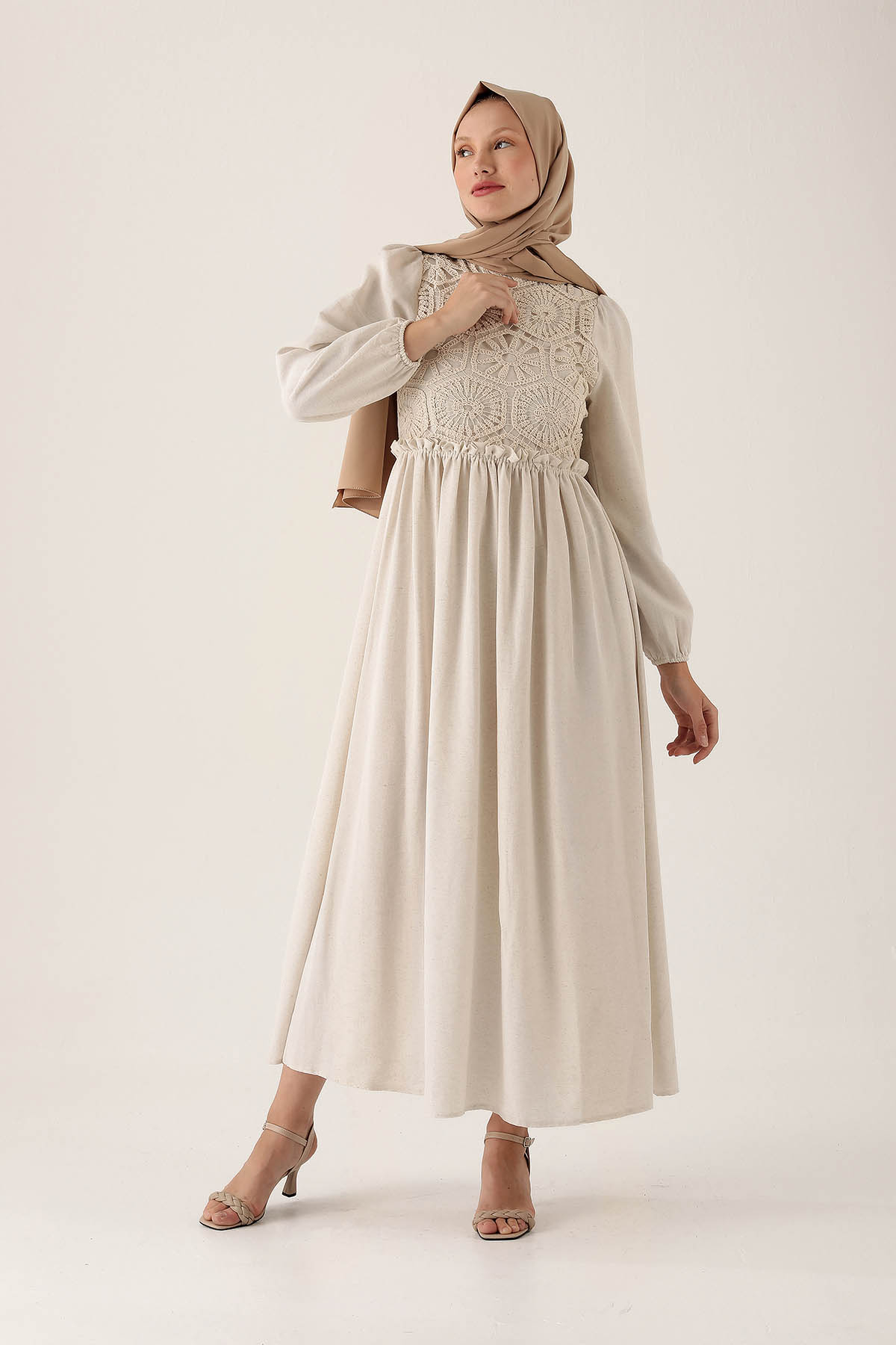 Önü Dantel Detaylı Elbise - 6693A Natural - 3