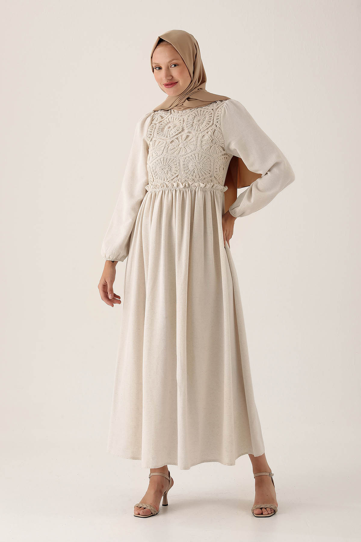 Önü Dantel Detaylı Elbise - 6693A Natural - 2