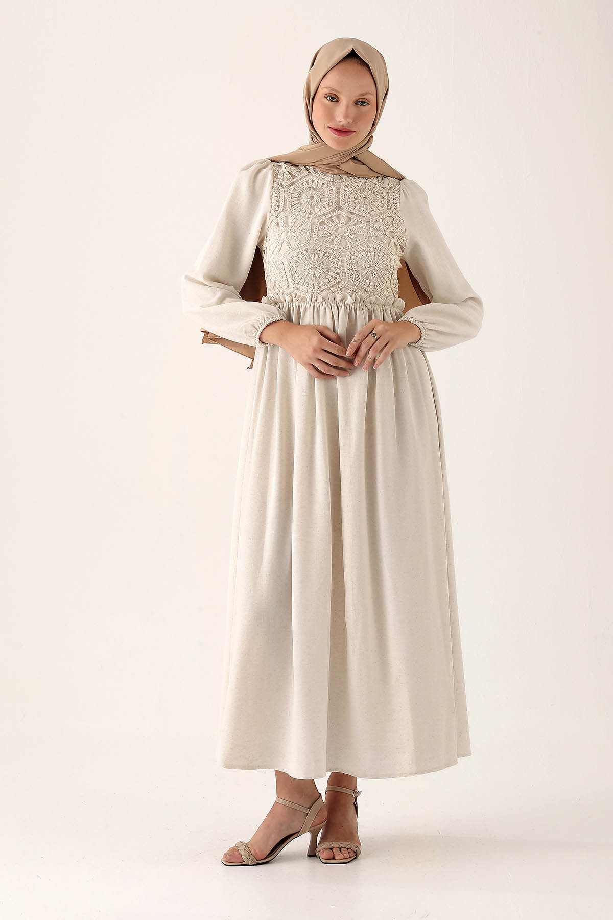 Önü Dantel Detaylı Elbise - 6693A Natural - 1