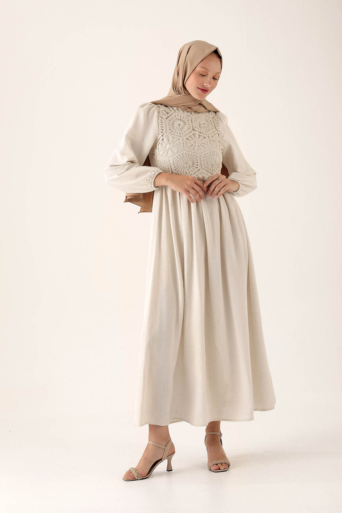 Önü Dantel Detaylı Elbise - 6693A Natural - 4