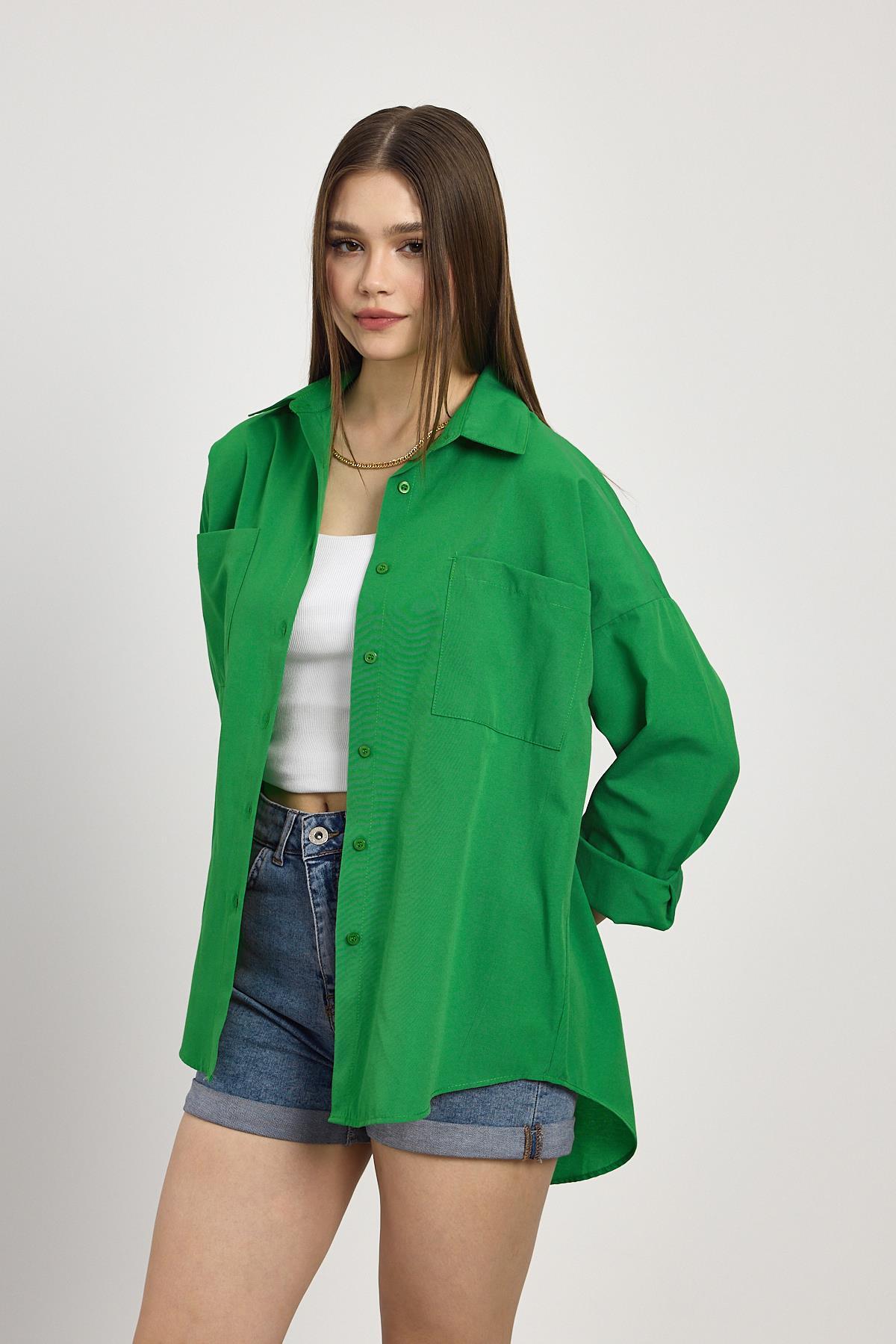 Benetton Yeşili Çift Cepli Oversize Uzun Basic Gömlek TCR 6256A - 3