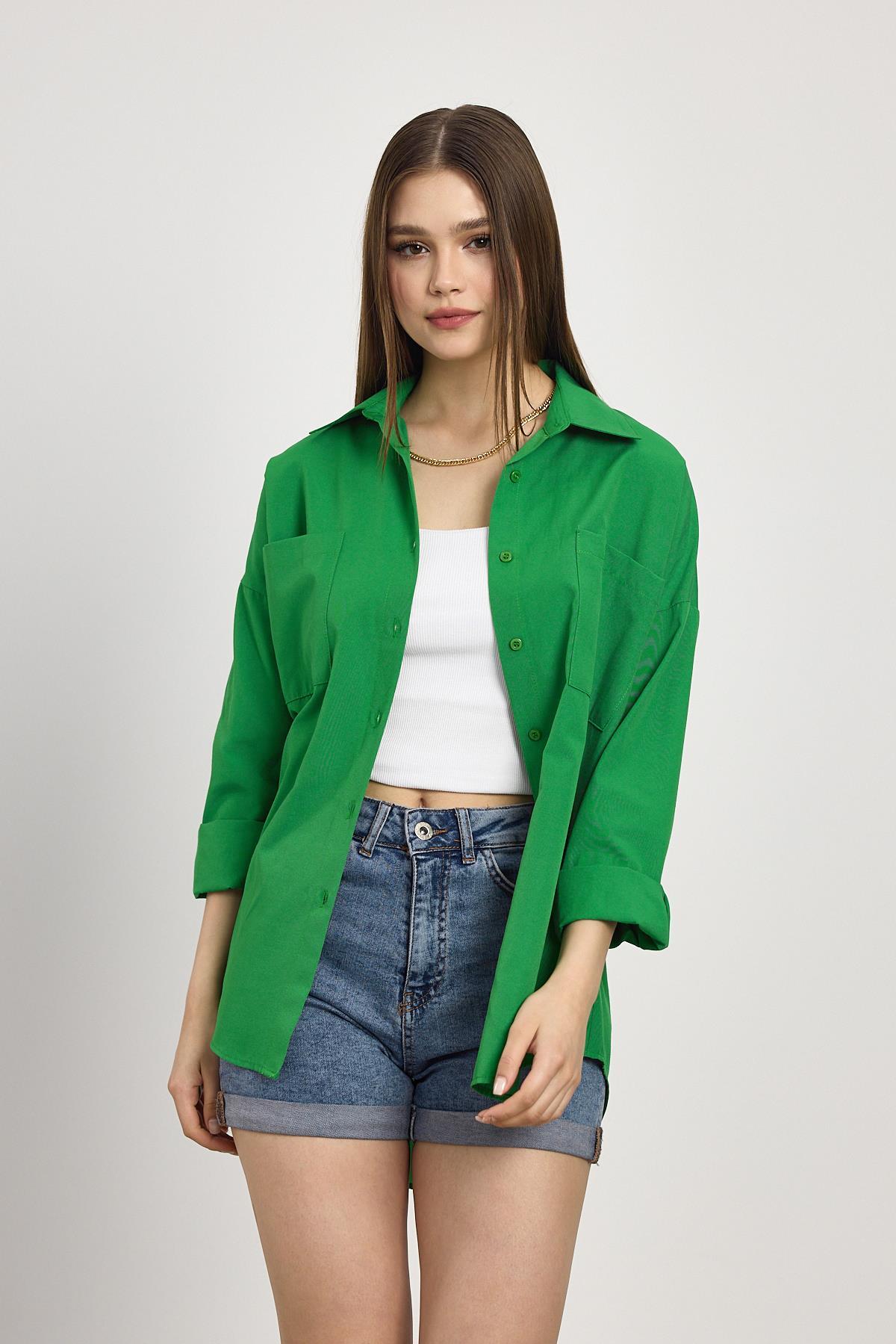 Benetton Yeşili Çift Cepli Oversize Uzun Basic Gömlek TCR 6256A - 2