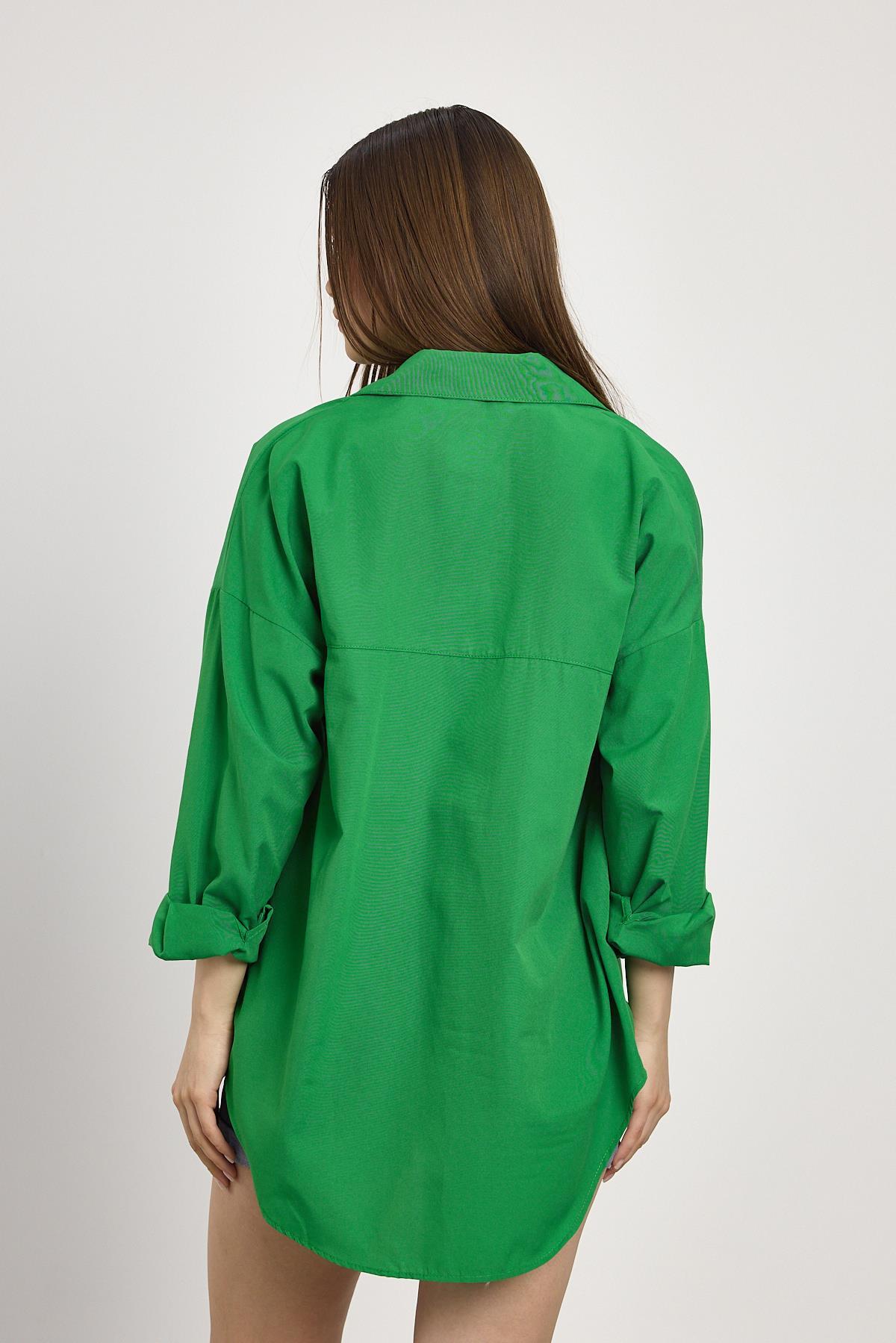 Benetton Yeşili Çift Cepli Oversize Uzun Basic Gömlek TCR 6256A - 5