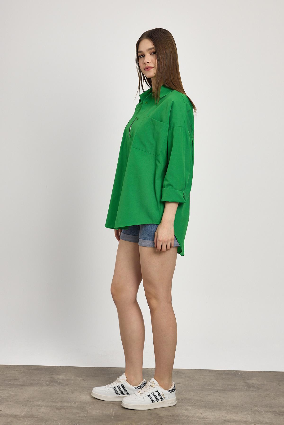 Benetton Yeşili Çift Cepli Oversize Uzun Basic Gömlek TCR 6256A - 7