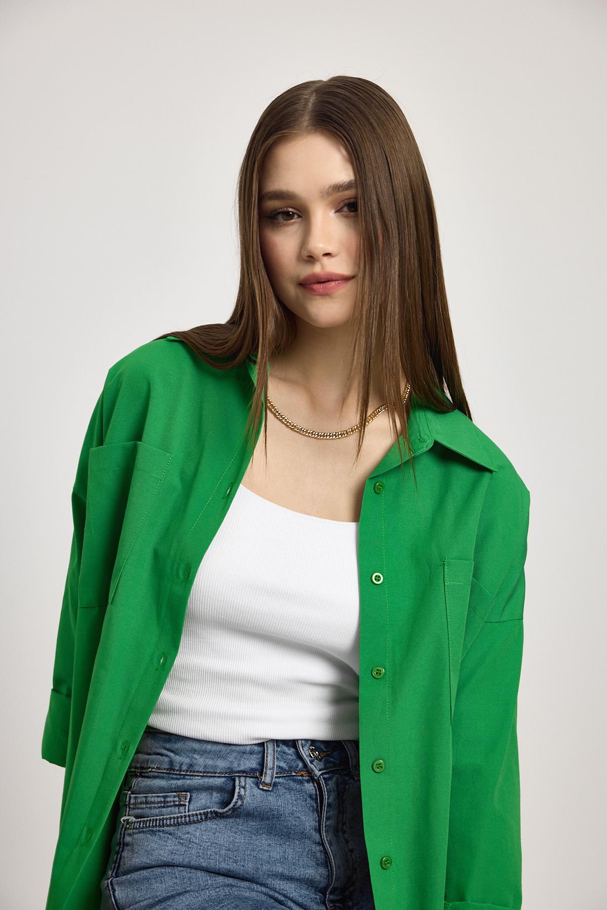 Benetton Yeşili Çift Cepli Oversize Uzun Basic Gömlek TCR 6256A - 4