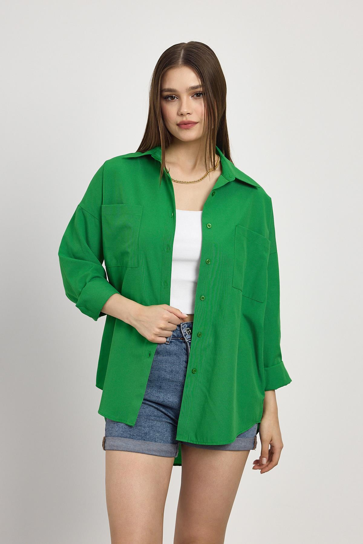 Benetton Yeşili Çift Cepli Oversize Uzun Basic Gömlek TCR 6256A - 8