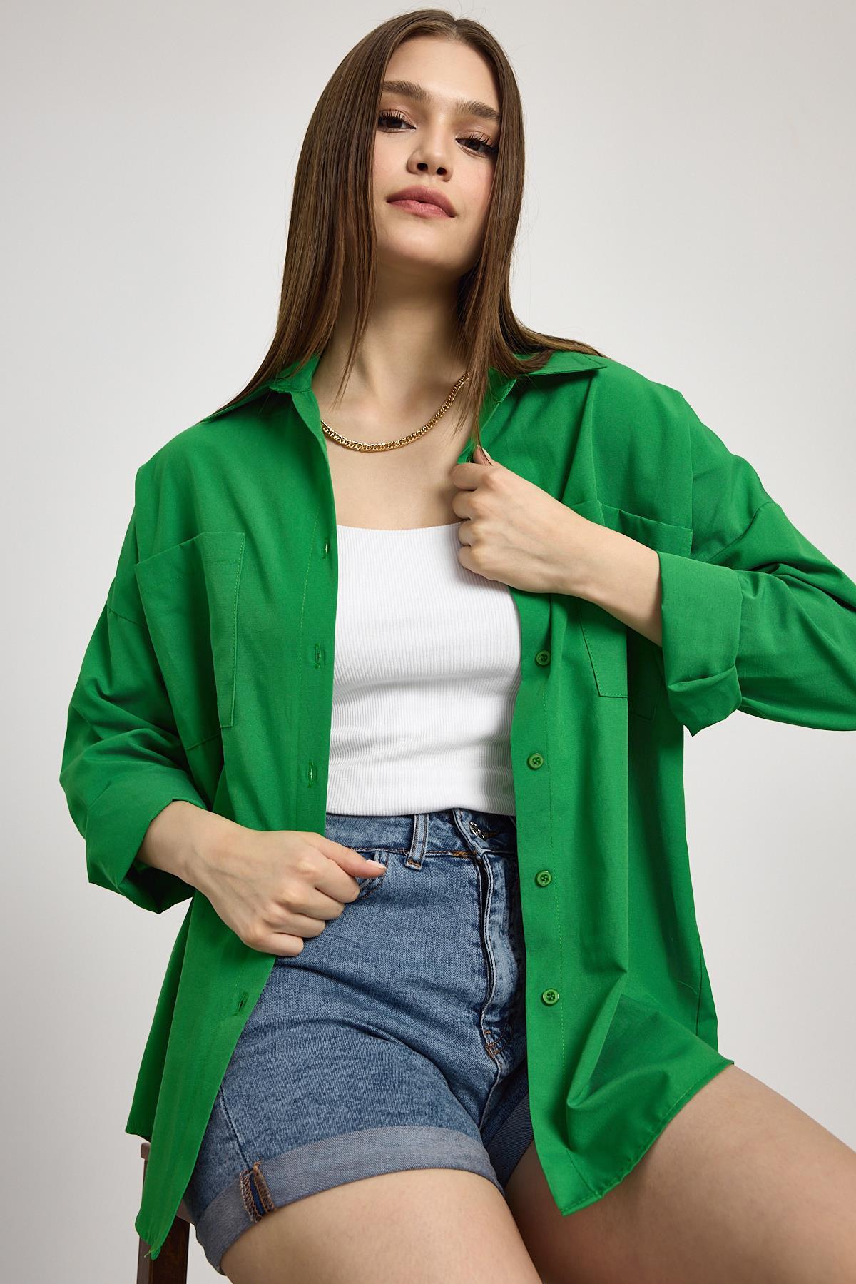 Benetton Yeşili Çift Cepli Oversize Uzun Basic Gömlek TCR 6256A - 1