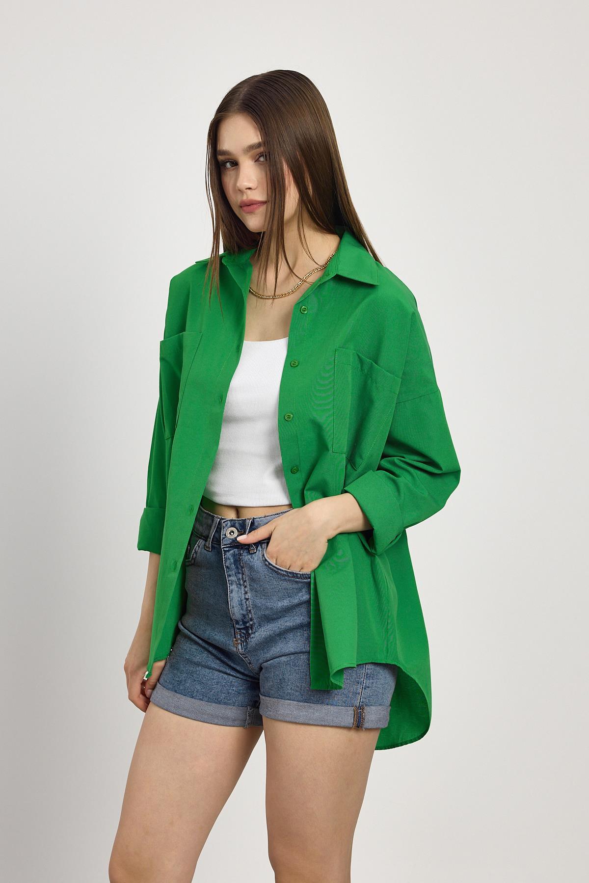 Benetton Yeşili Çift Cepli Oversize Uzun Basic Gömlek TCR 6256A - 6