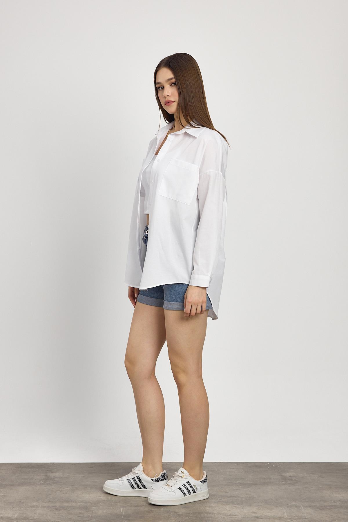 Beyaz Çift Cepli Oversize Uzun Basic Gömlek TCR 6256A - 8