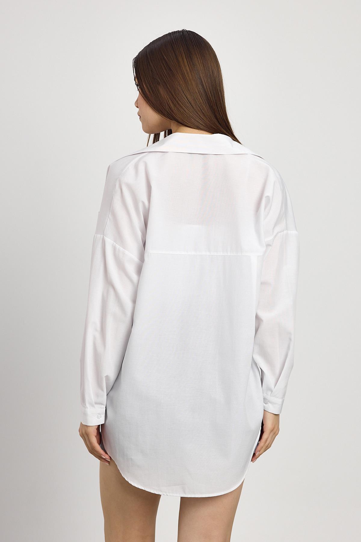 Beyaz Çift Cepli Oversize Uzun Basic Gömlek TCR 6256A - 5