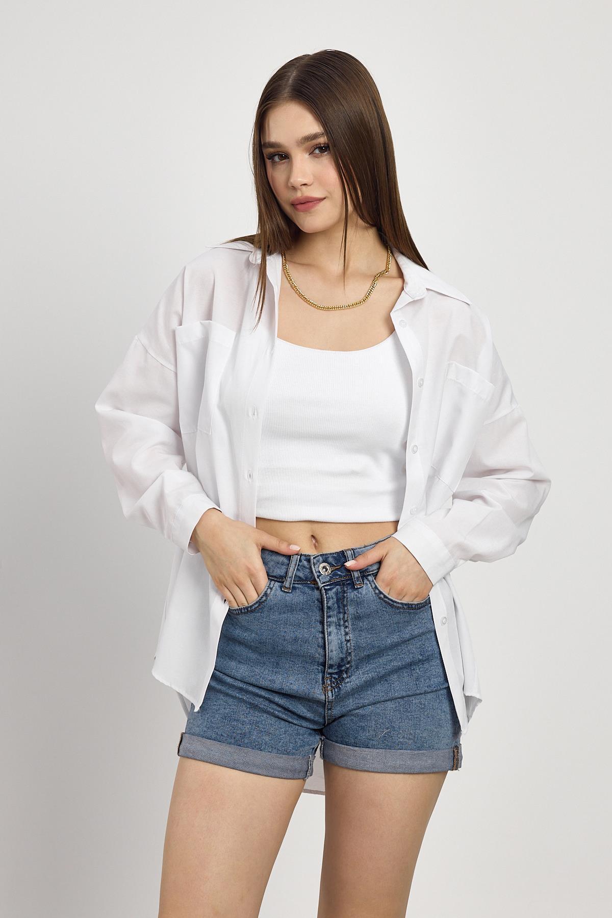 Beyaz Çift Cepli Oversize Uzun Basic Gömlek TCR 6256A - 3