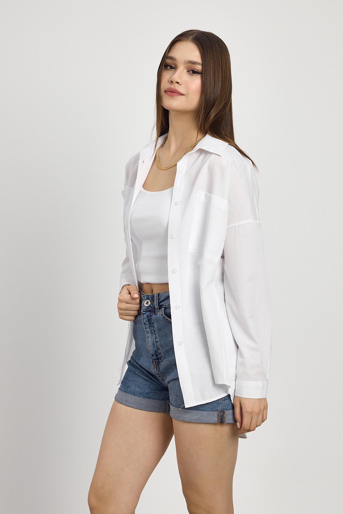 Beyaz Çift Cepli Oversize Uzun Basic Gömlek TCR 6256A - 7