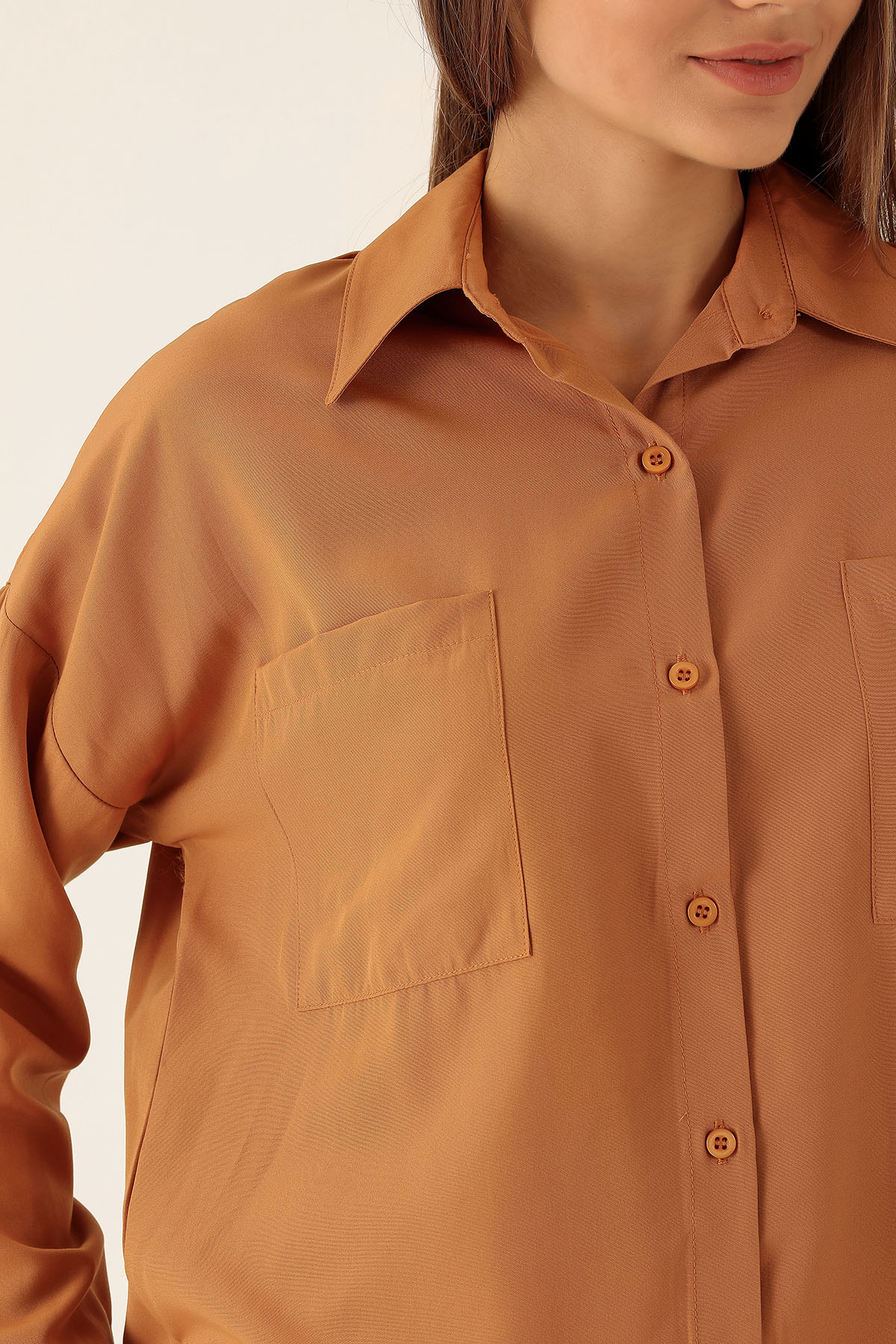 Bisküvi Çift Cepli Oversize Uzun Basic Gömlek TCR 6256A - 6