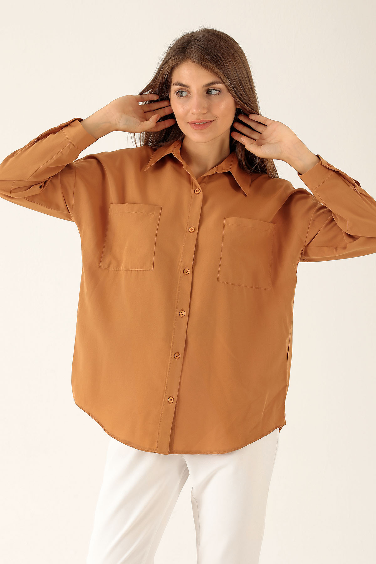 Bisküvi Çift Cepli Oversize Uzun Basic Gömlek TCR 6256A - 2
