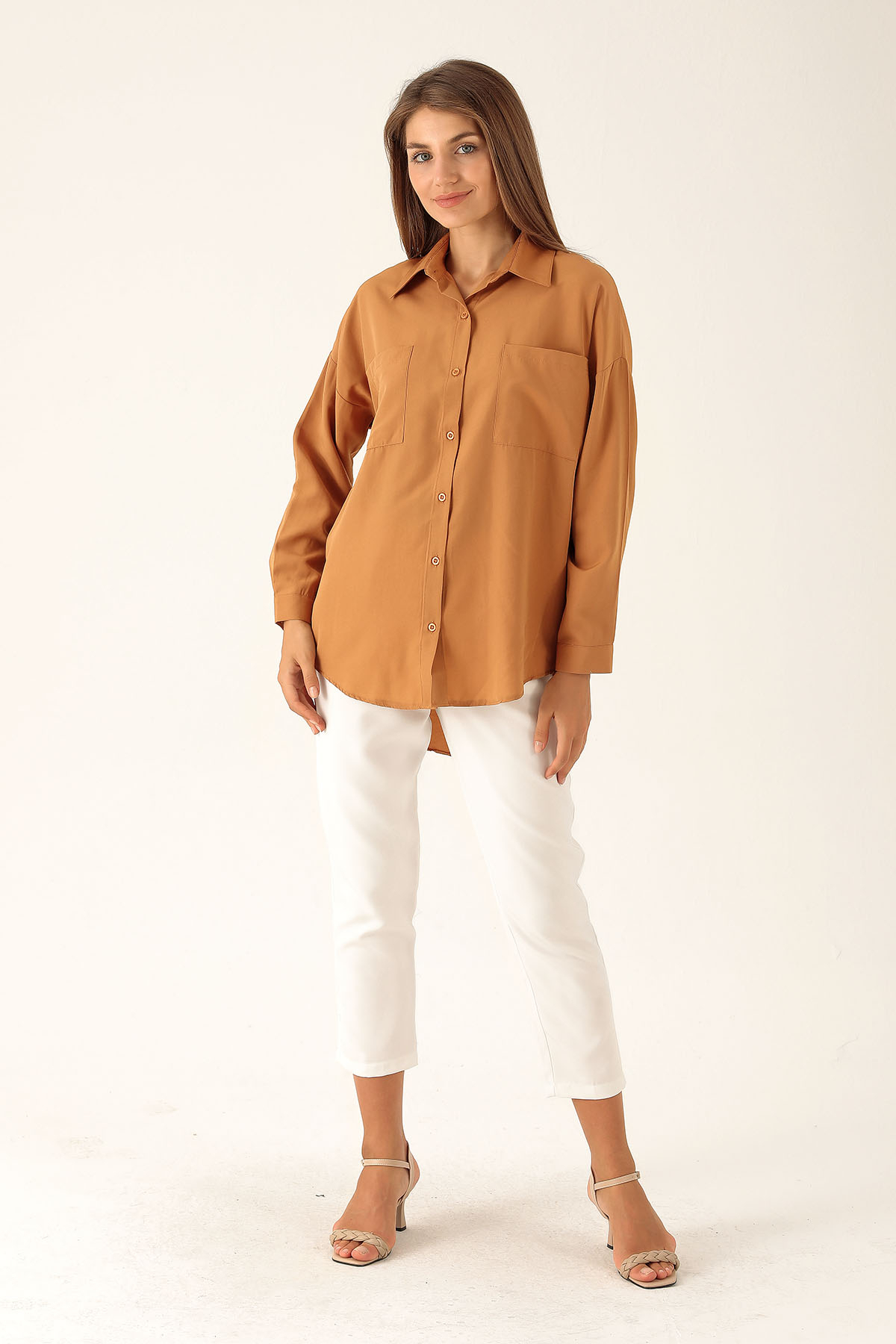 Bisküvi Çift Cepli Oversize Uzun Basic Gömlek TCR 6256A - 4