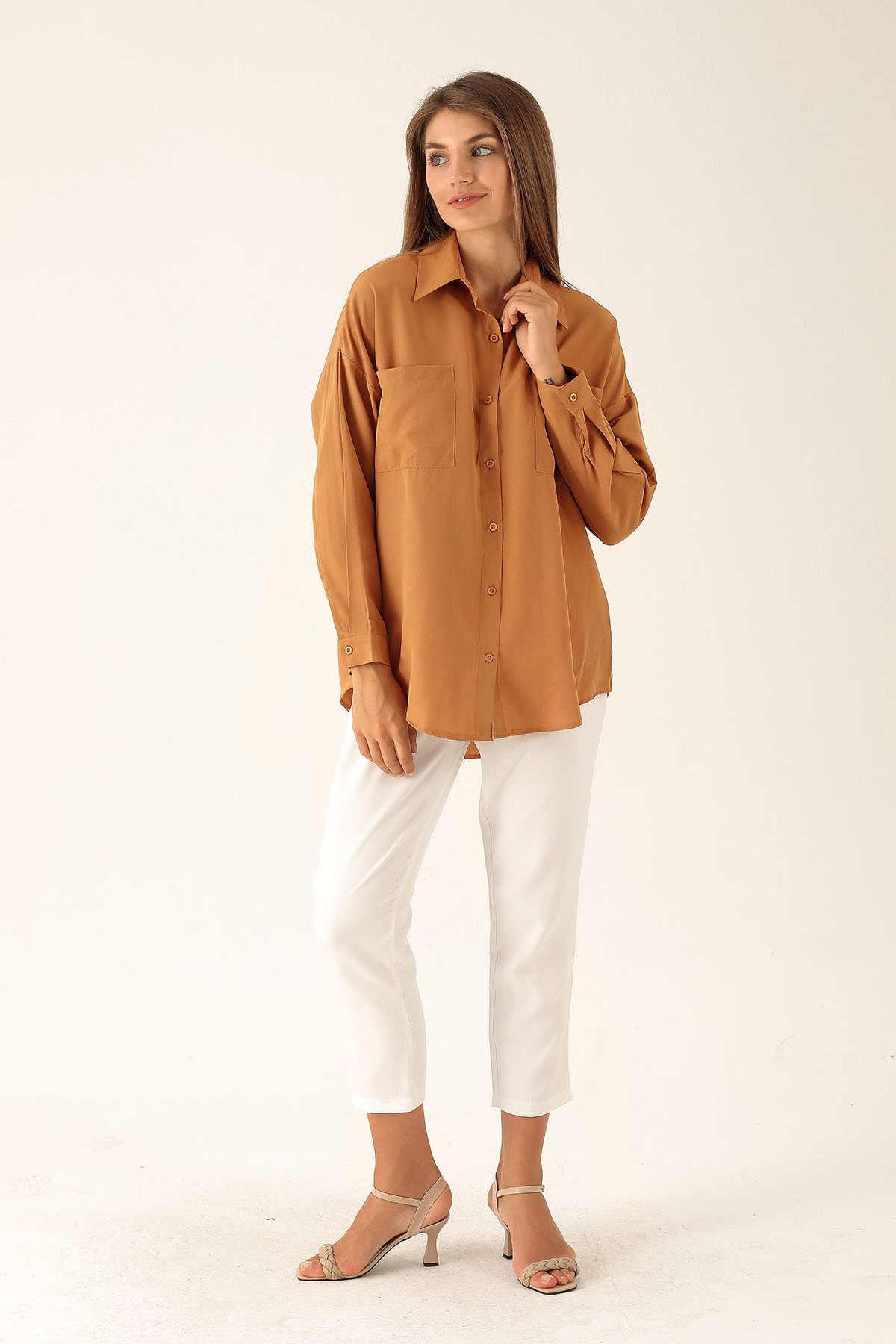 Bisküvi Çift Cepli Oversize Uzun Basic Gömlek TCR 6256A - 5