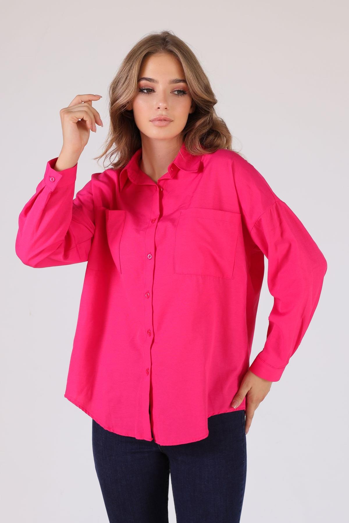 Fuşya Çift Cepli Oversize Uzun Basic Gömlek - TCR-6256A 