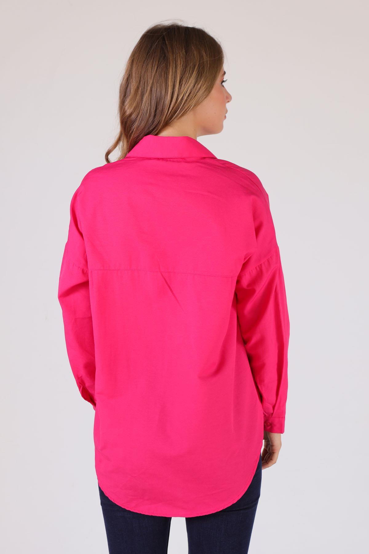 Fuşya Çift Cepli Oversize Uzun Basic Gömlek - TCR-6256A - 4