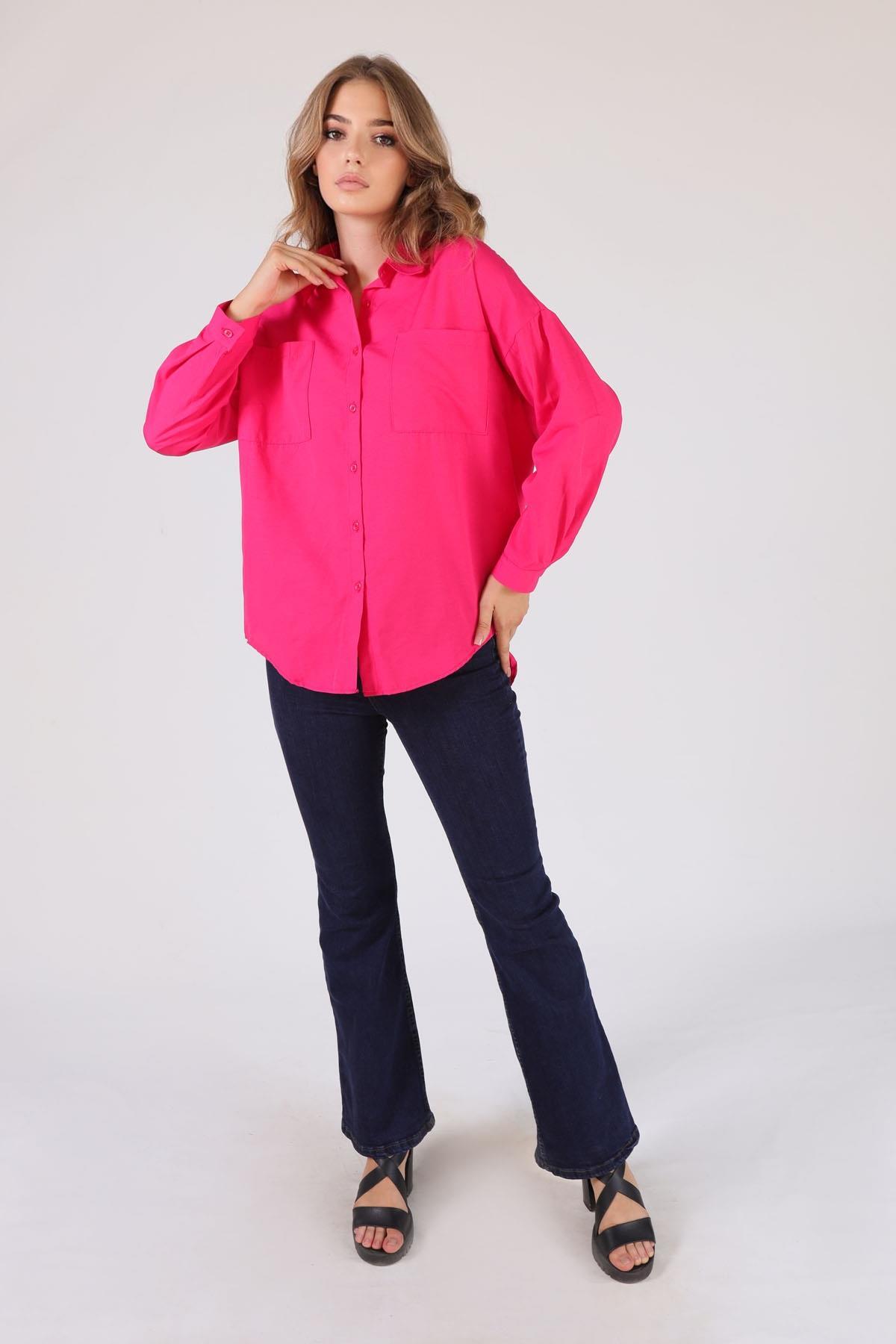 Fuşya Çift Cepli Oversize Uzun Basic Gömlek TCR 6256A - 2