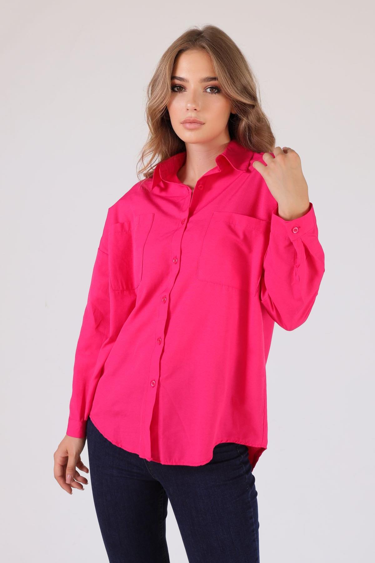 Fuşya Çift Cepli Oversize Uzun Basic Gömlek TCR 6256A - 3