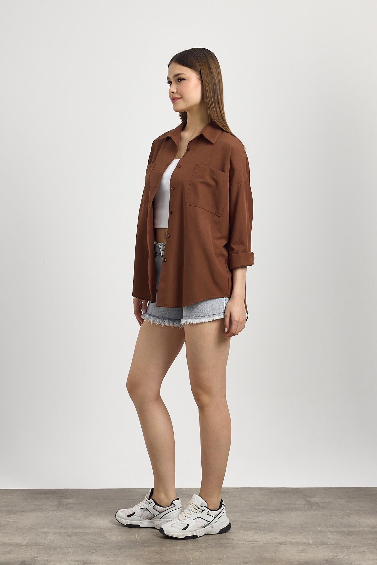Kahve Çift Cepli Oversize Uzun Basic Gömlek TCR 6256A - 2