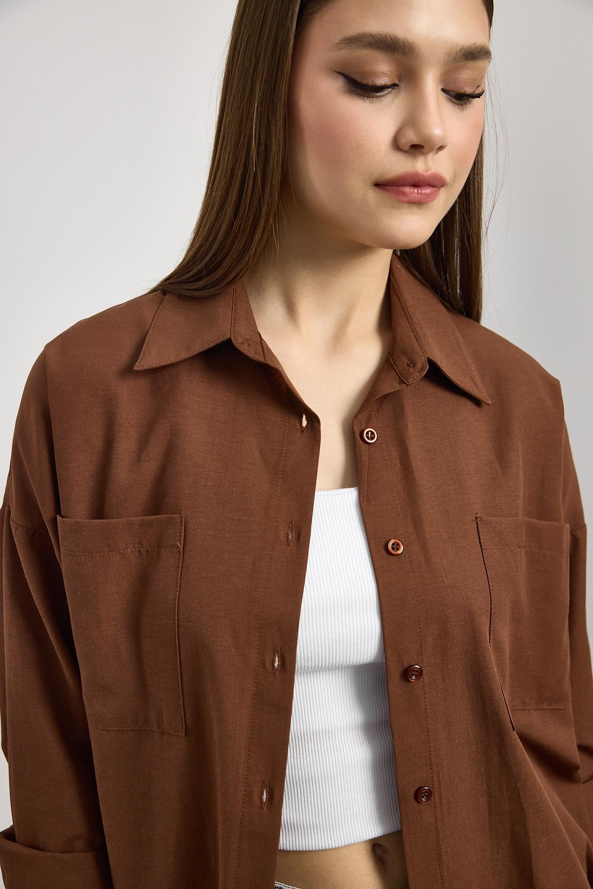 Kahve Çift Cepli Oversize Uzun Basic Gömlek TCR 6256A - 4