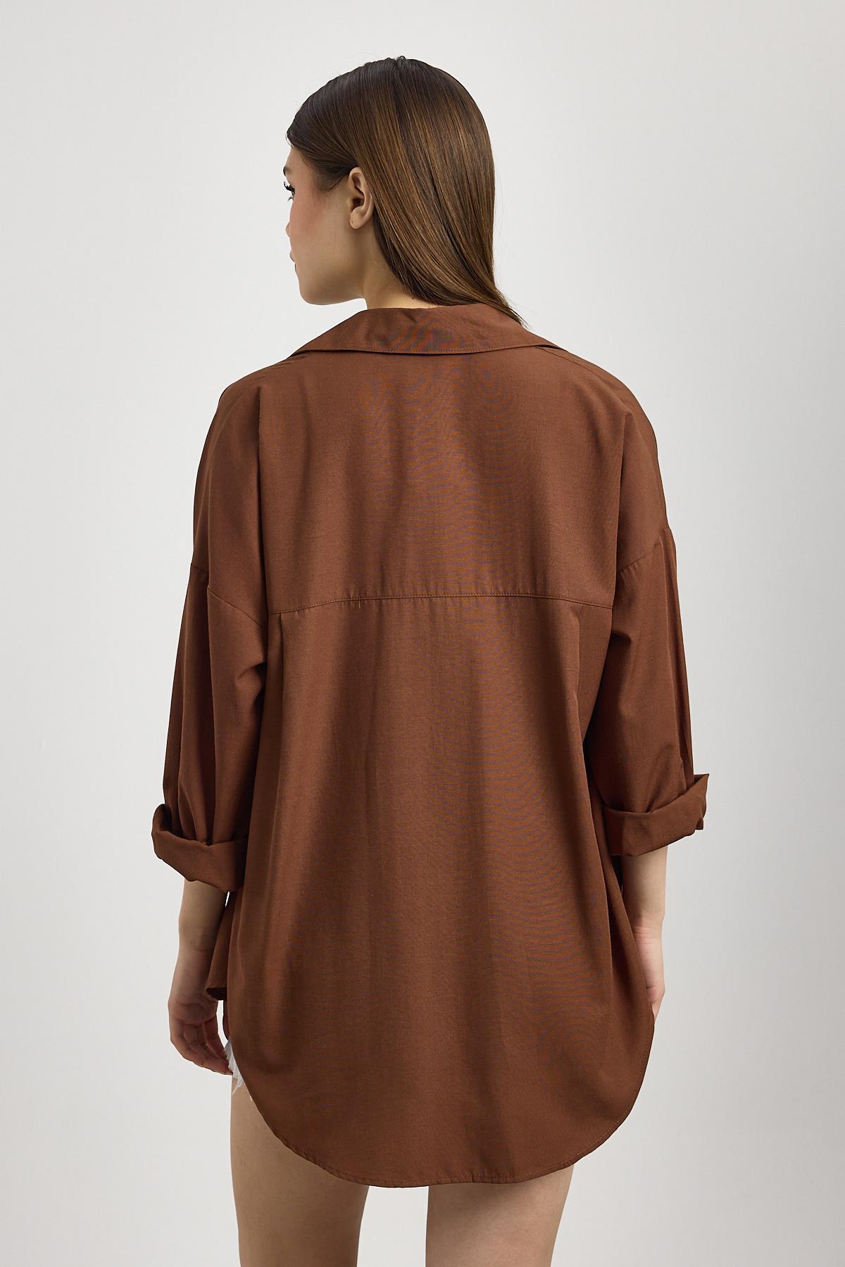 Kahve Çift Cepli Oversize Uzun Basic Gömlek TCR 6256A - 5