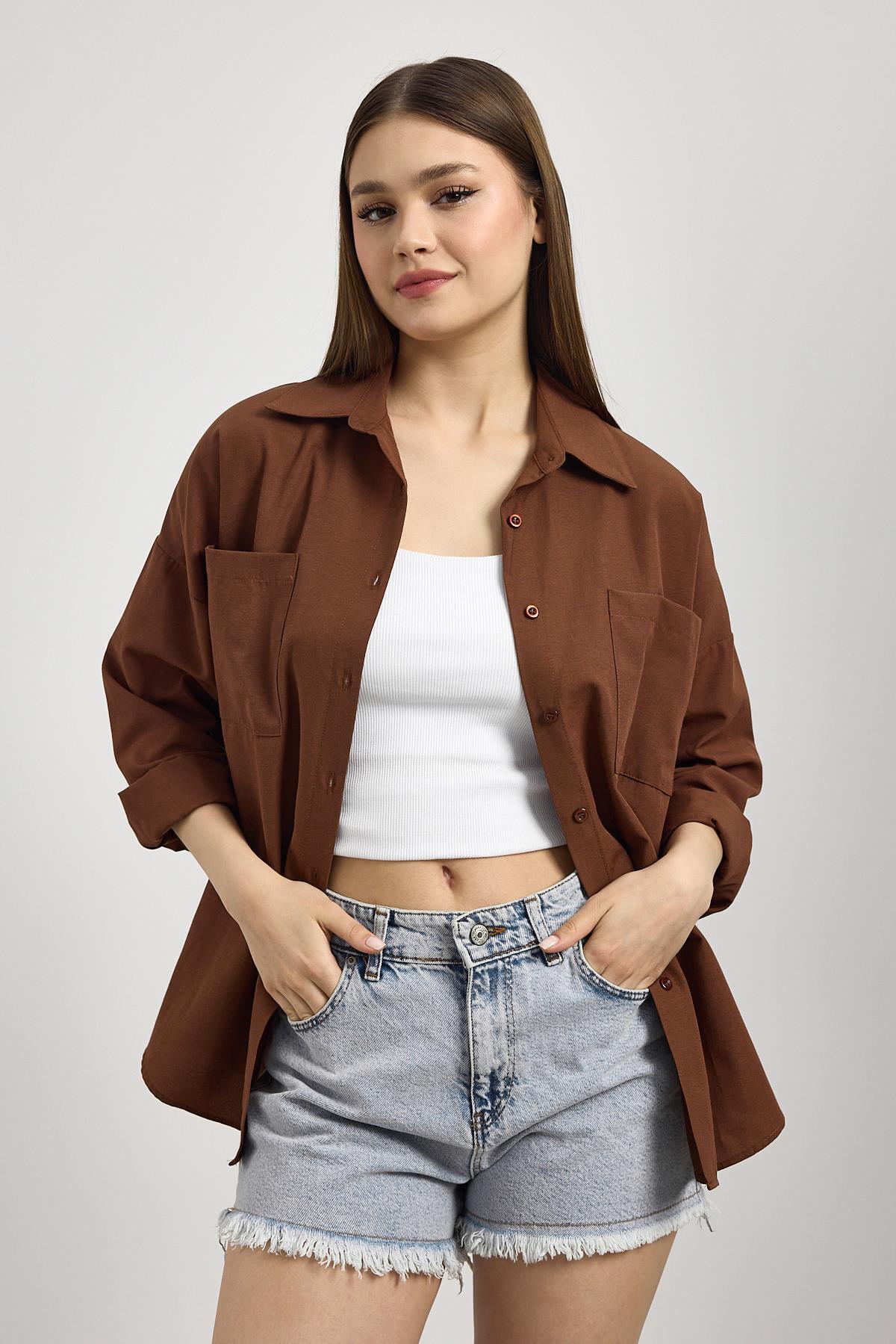 Kahve Çift Cepli Oversize Uzun Basic Gömlek TCR 6256A - 7