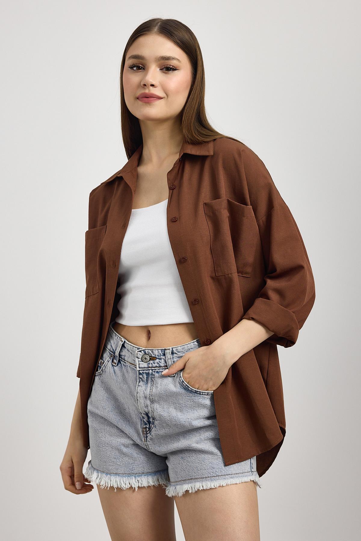 Kahve Çift Cepli Oversize Uzun Basic Gömlek TCR 6256A 