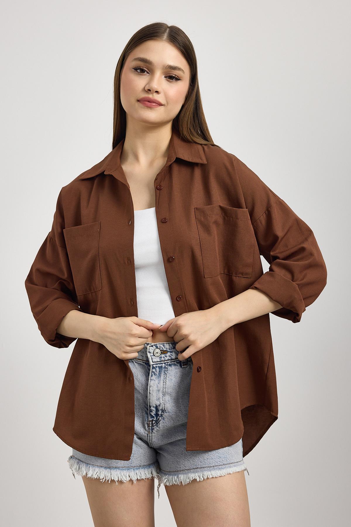 Kahve Çift Cepli Oversize Uzun Basic Gömlek TCR 6256A - 9