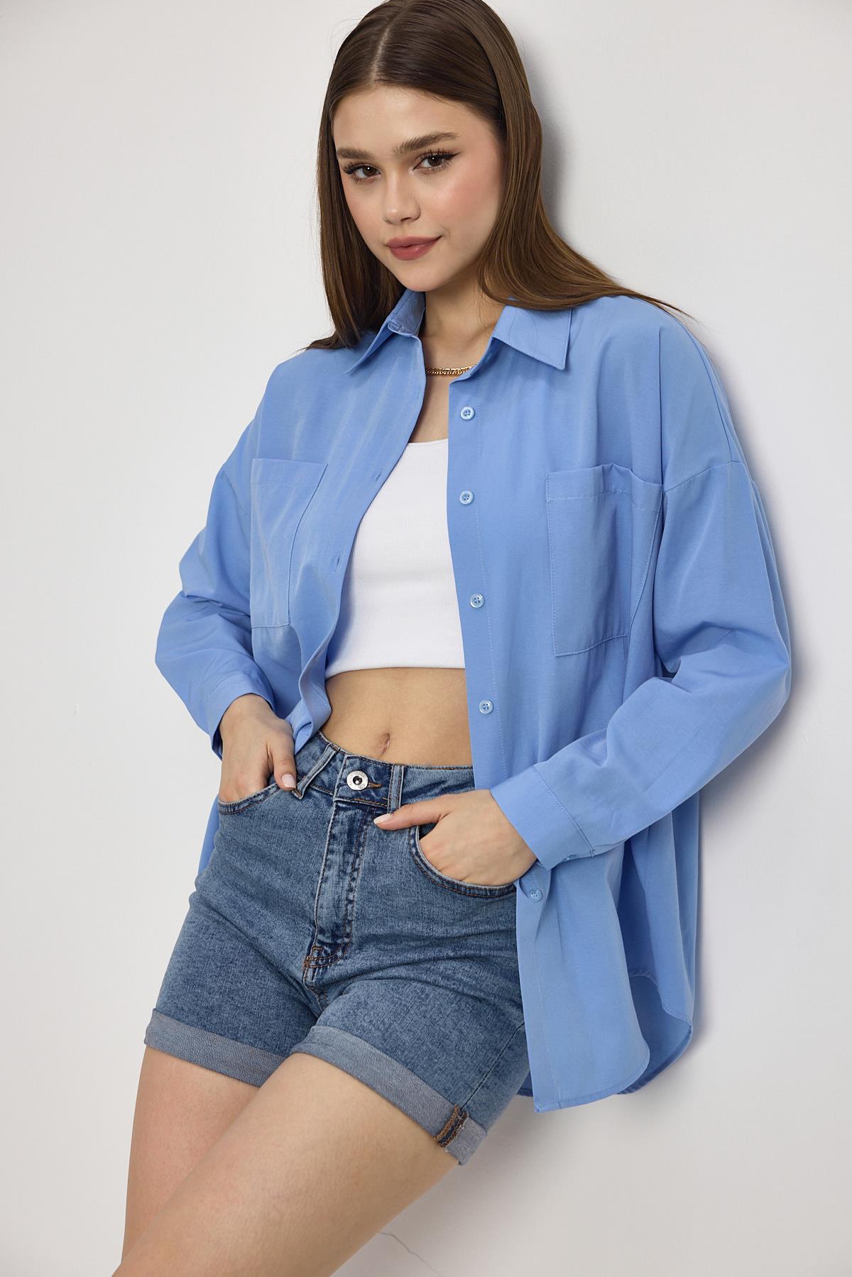 Mavi Çift Cepli Oversize Uzun Basic Gömlek TCR 6256A - RAYS