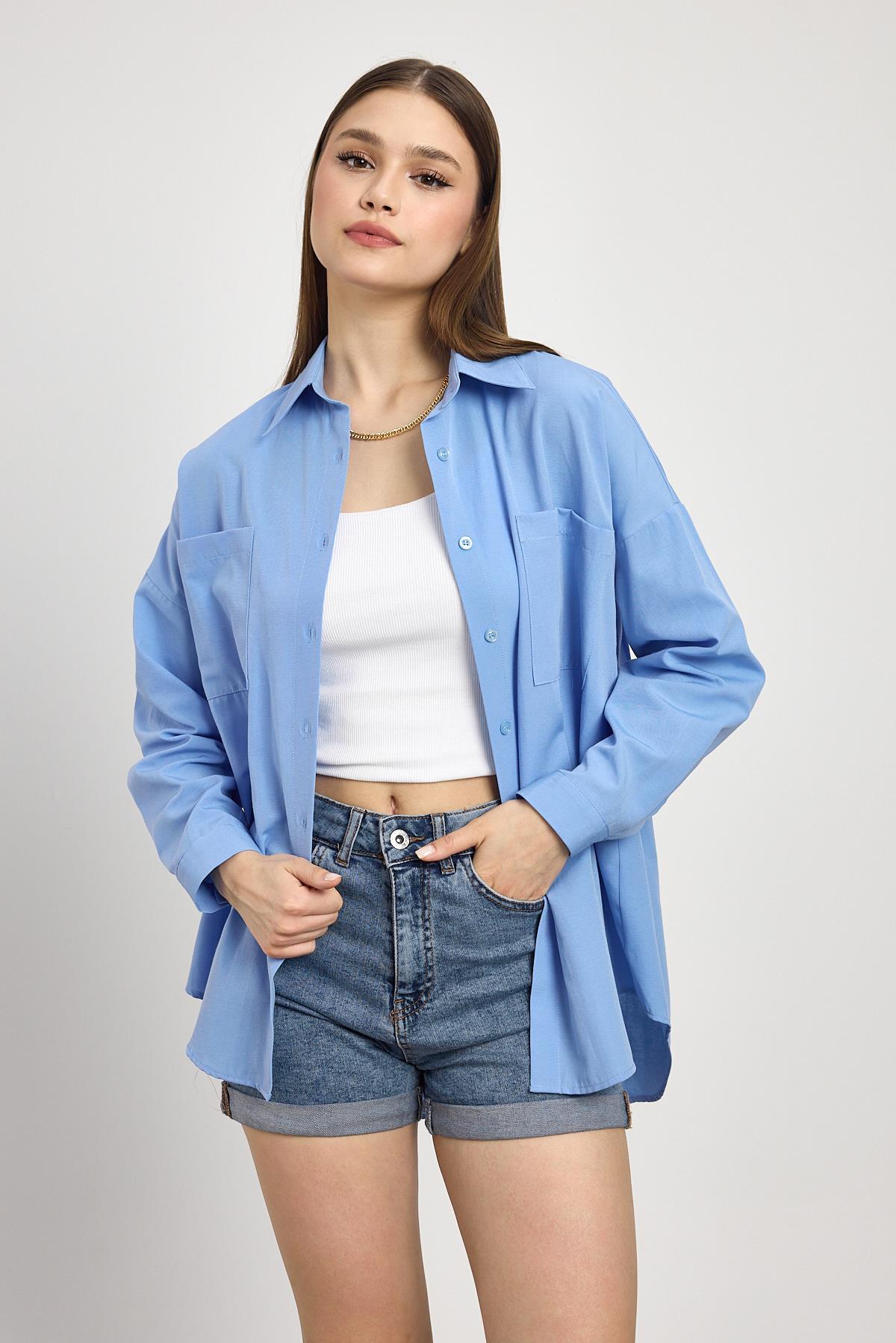 Mavi Çift Cepli Oversize Uzun Basic Gömlek TCR 6256A - RAYS