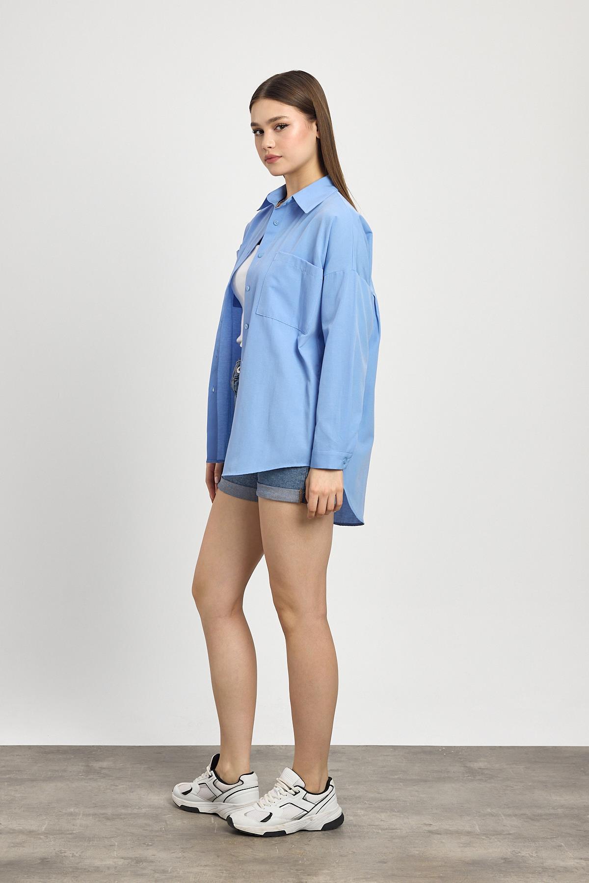 Mavi Çift Cepli Oversize Uzun Basic Gömlek TCR 6256A - 6