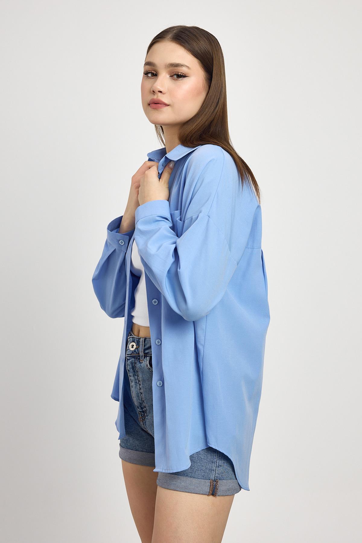 Mavi Çift Cepli Oversize Uzun Basic Gömlek TCR 6256A - 7