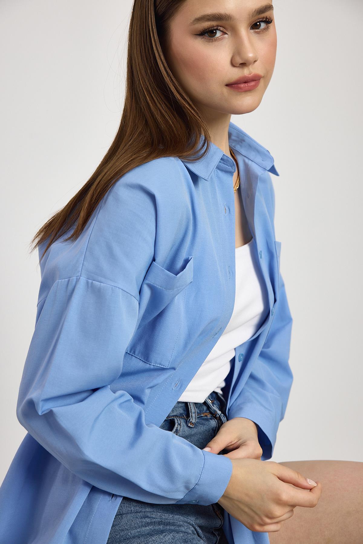 Mavi Çift Cepli Oversize Uzun Basic Gömlek TCR 6256A - 4