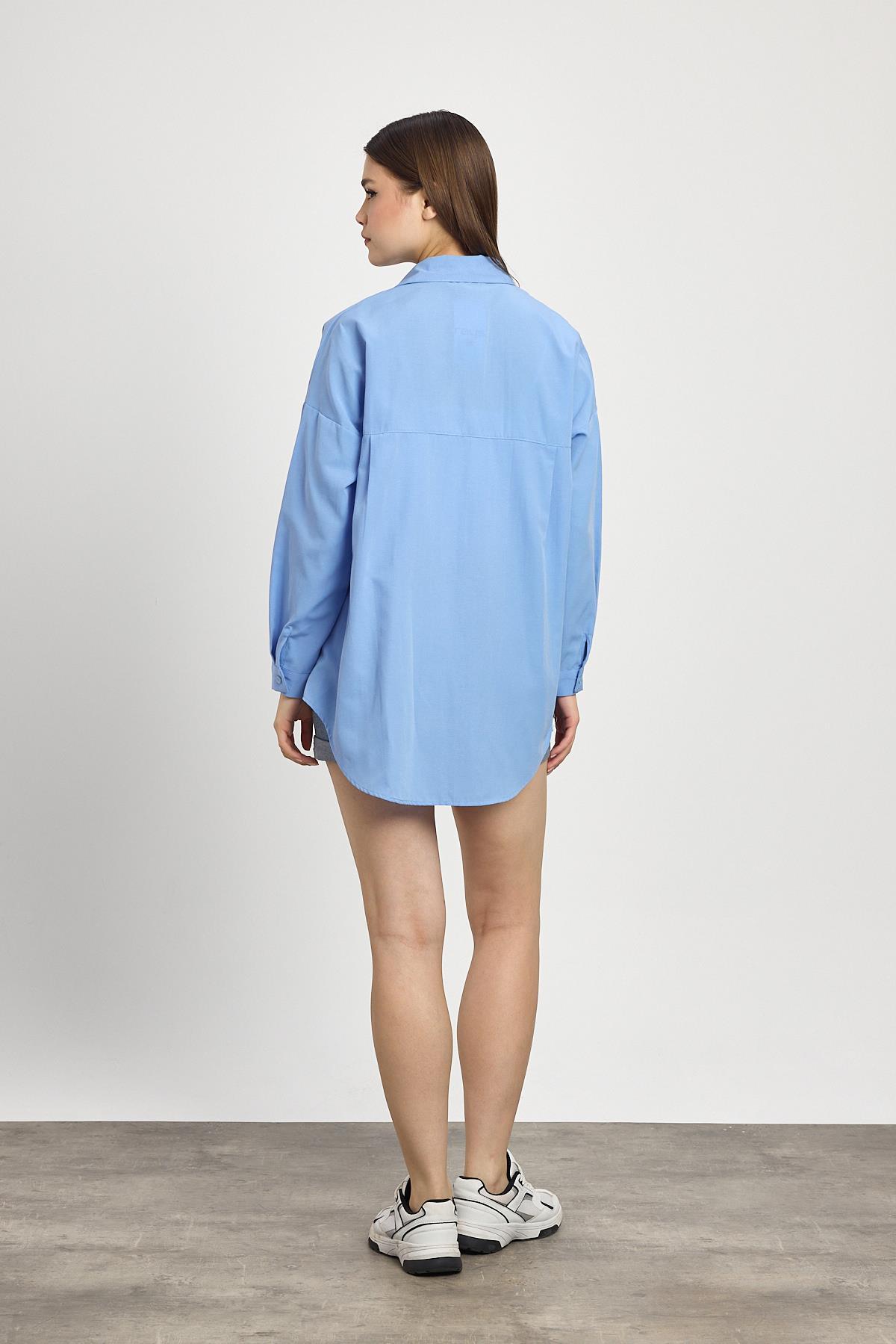 Mavi Çift Cepli Oversize Uzun Basic Gömlek TCR 6256A - 5