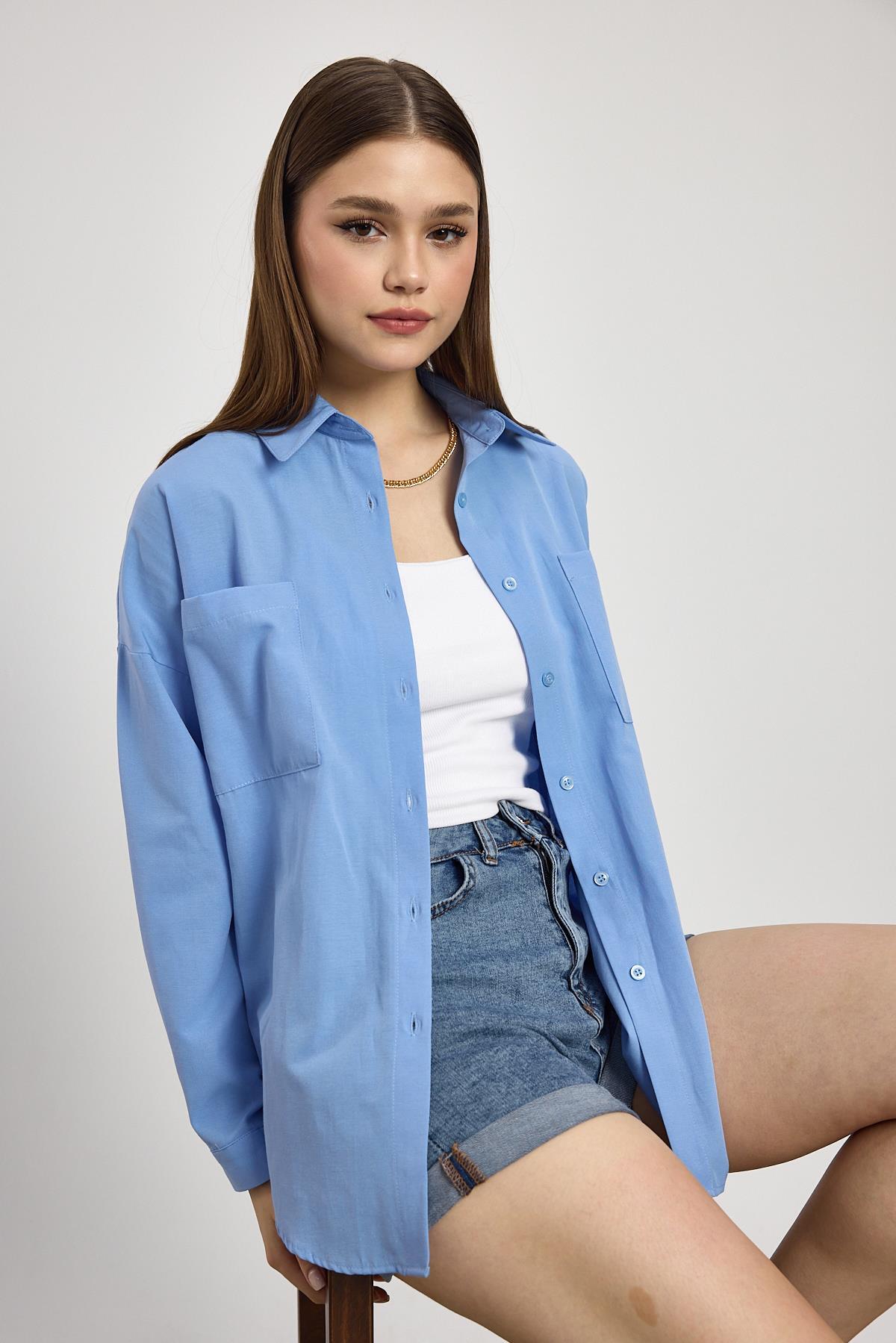 Mavi Çift Cepli Oversize Uzun Basic Gömlek TCR 6256A - 3