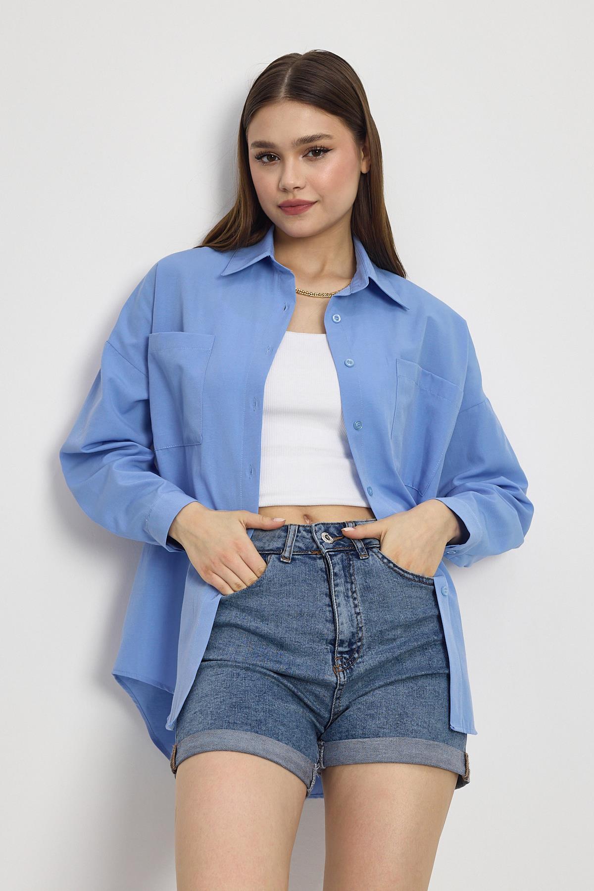 Mavi Çift Cepli Oversize Uzun Basic Gömlek TCR 6256A - 8