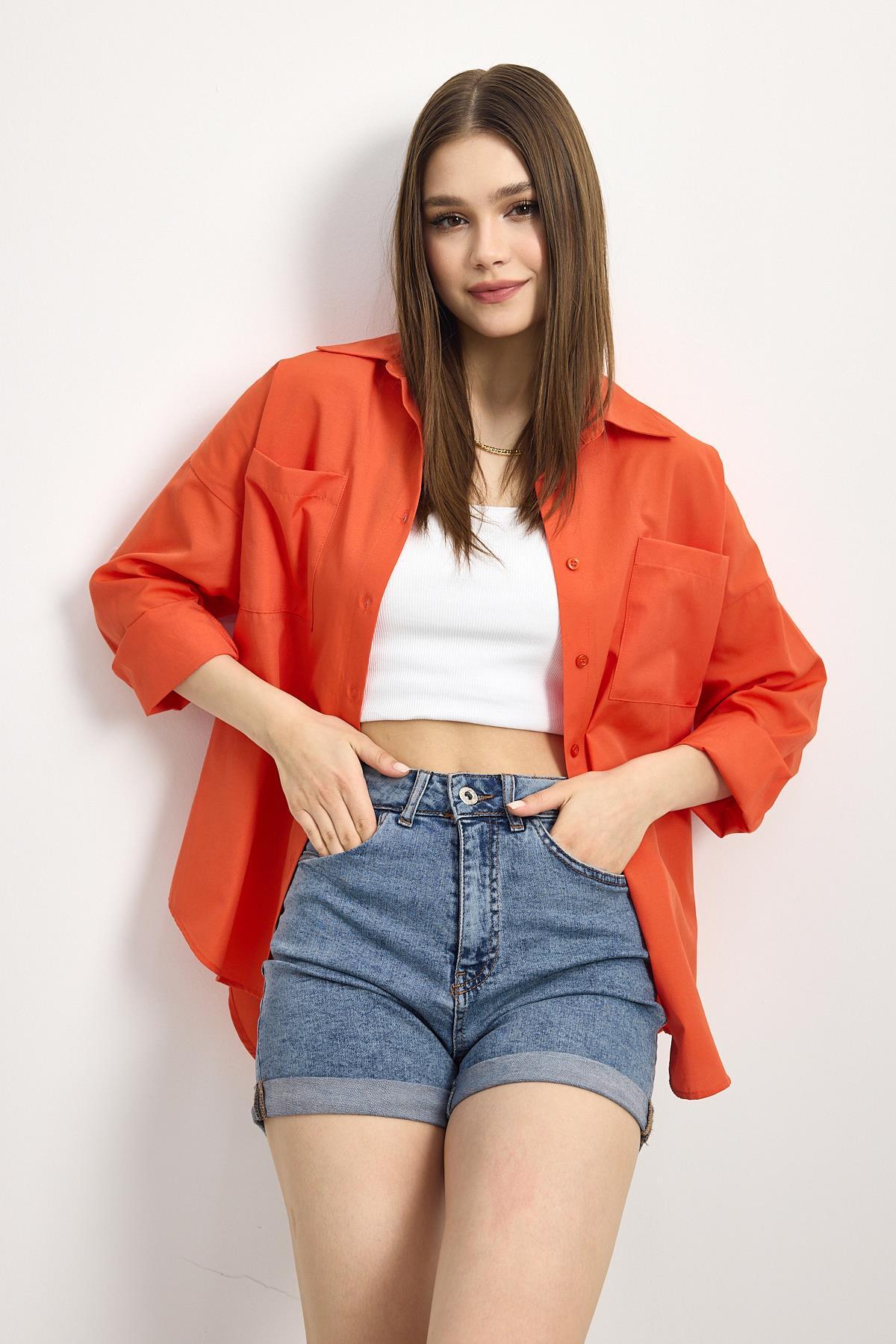 Orange Çift Cepli Oversize Uzun Basic Gömlek TCR 6256A - 8