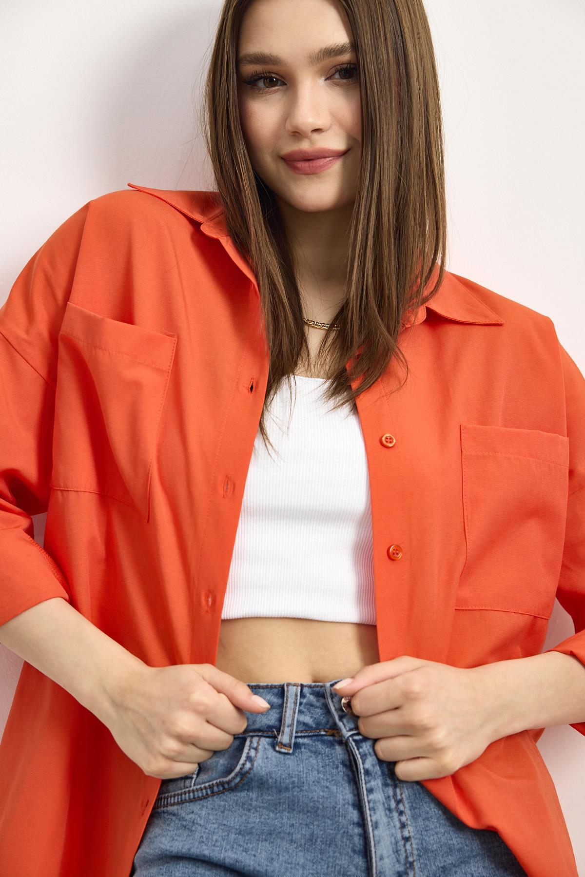 Orange Çift Cepli Oversize Uzun Basic Gömlek TCR 6256A - RAYS