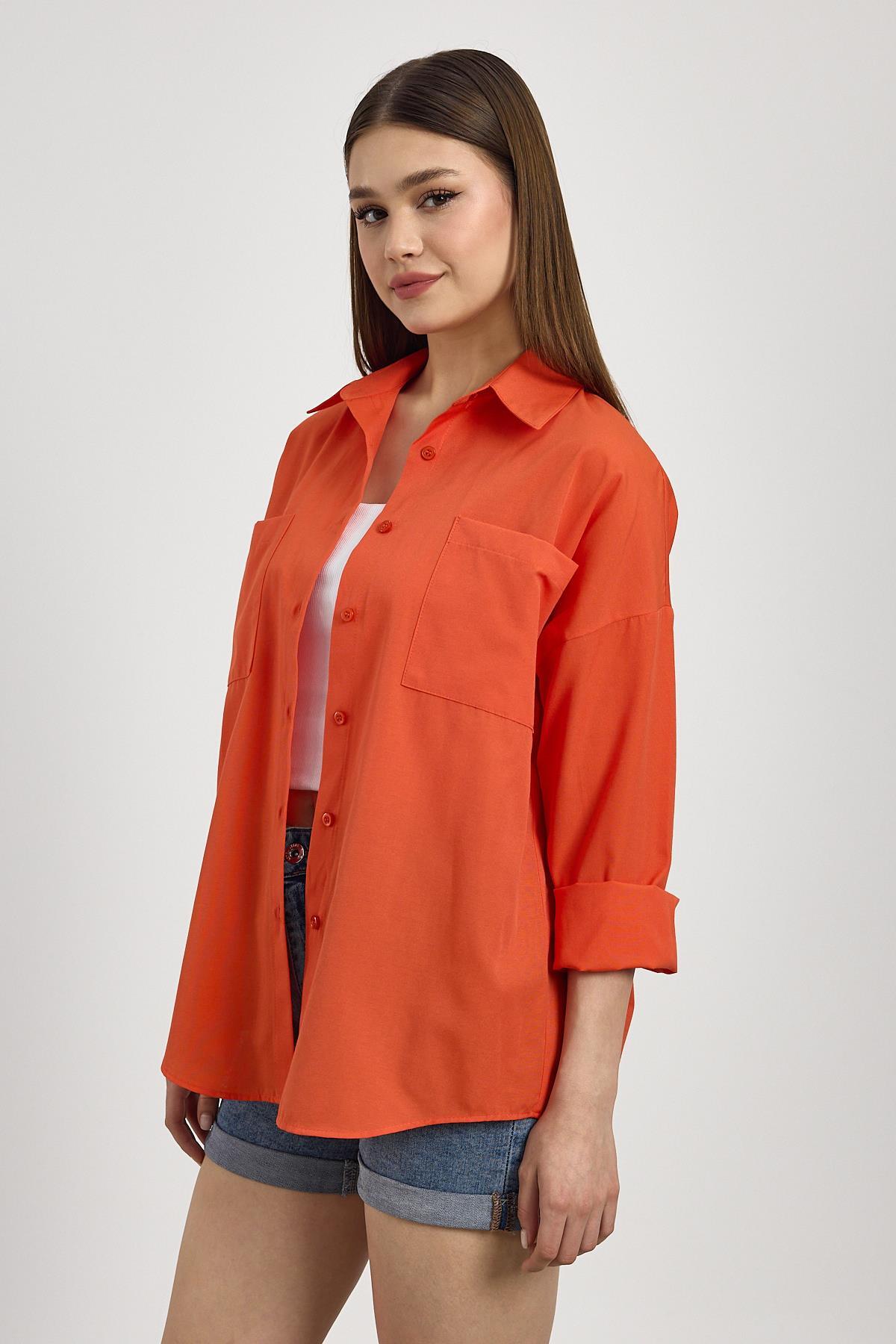 Orange Çift Cepli Oversize Uzun Basic Gömlek TCR 6256A - RAYS